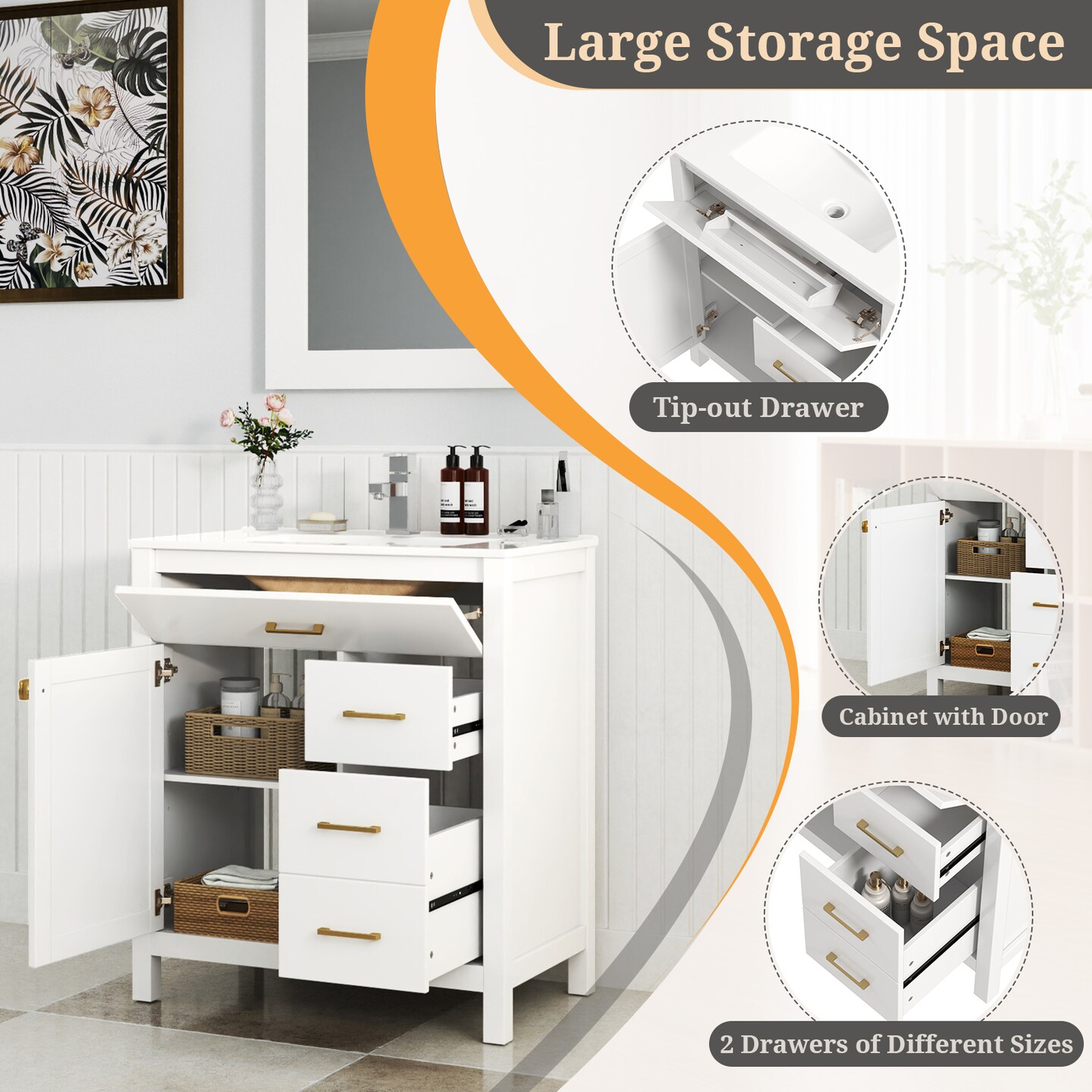 White MDF Bathroom Vanity with Ceramic Sink and Storage