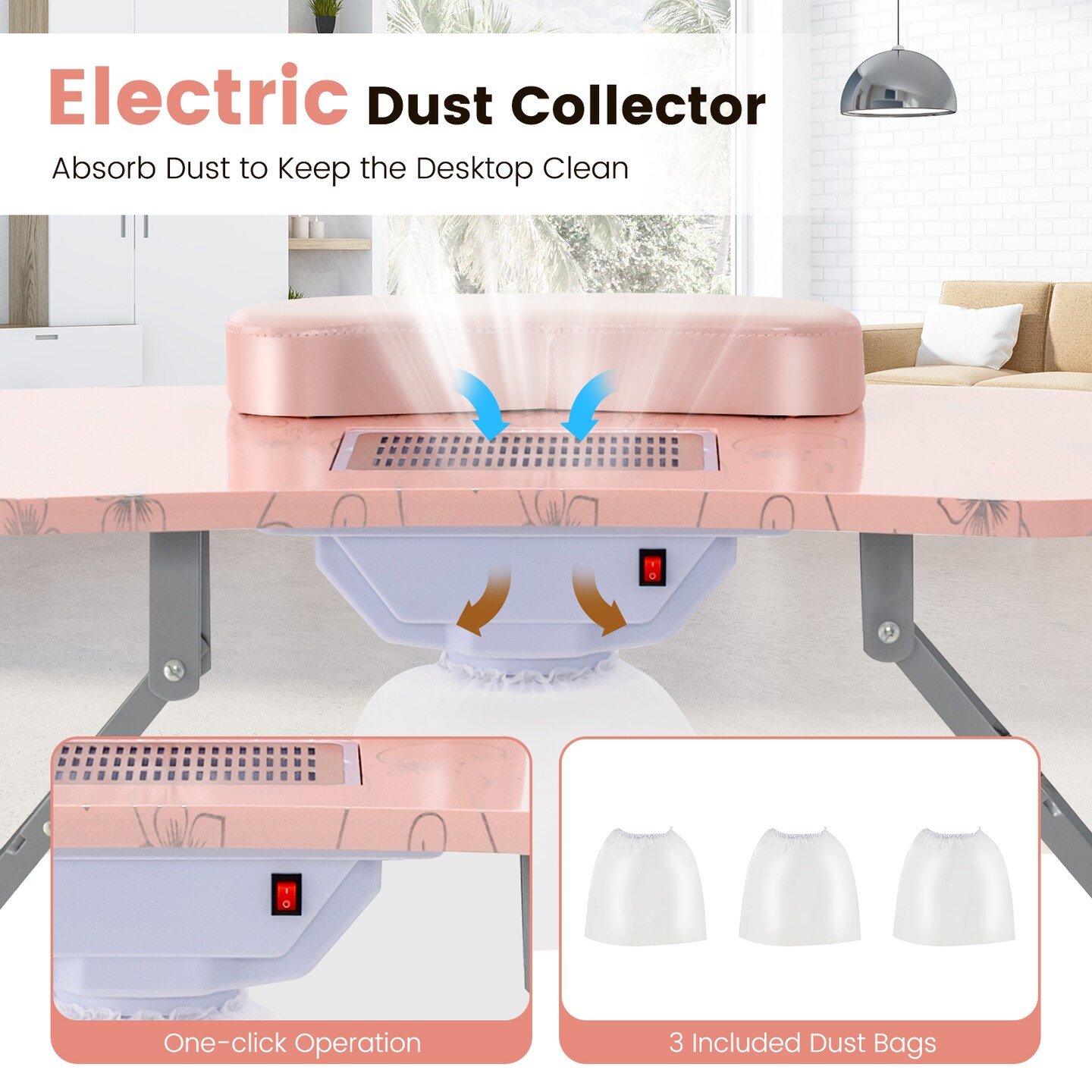 Pink Foldable Manicure Nail Table with 4 Lockable Wheels and LED Table Lamp