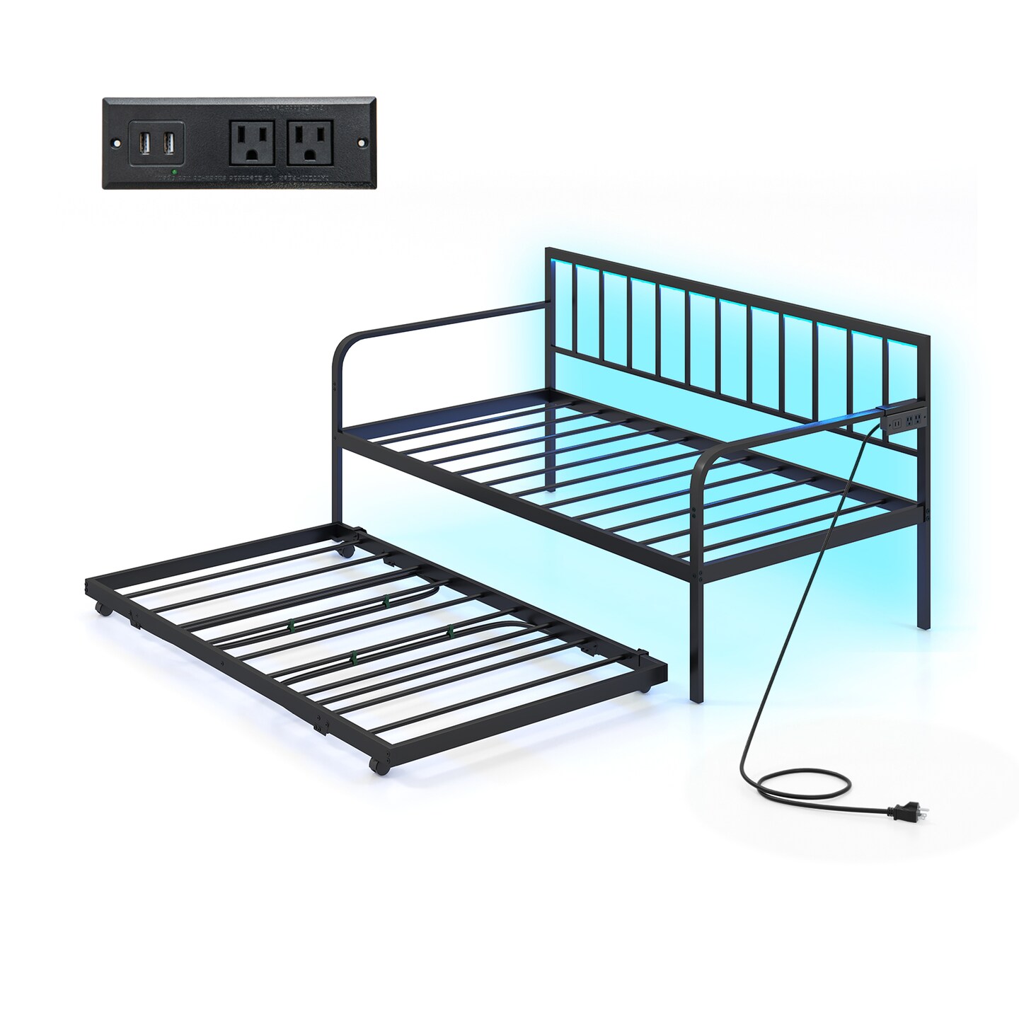 Black Metal Daybed with Pop-up Trundle, LED Lighting, Charging Station and USB Ports