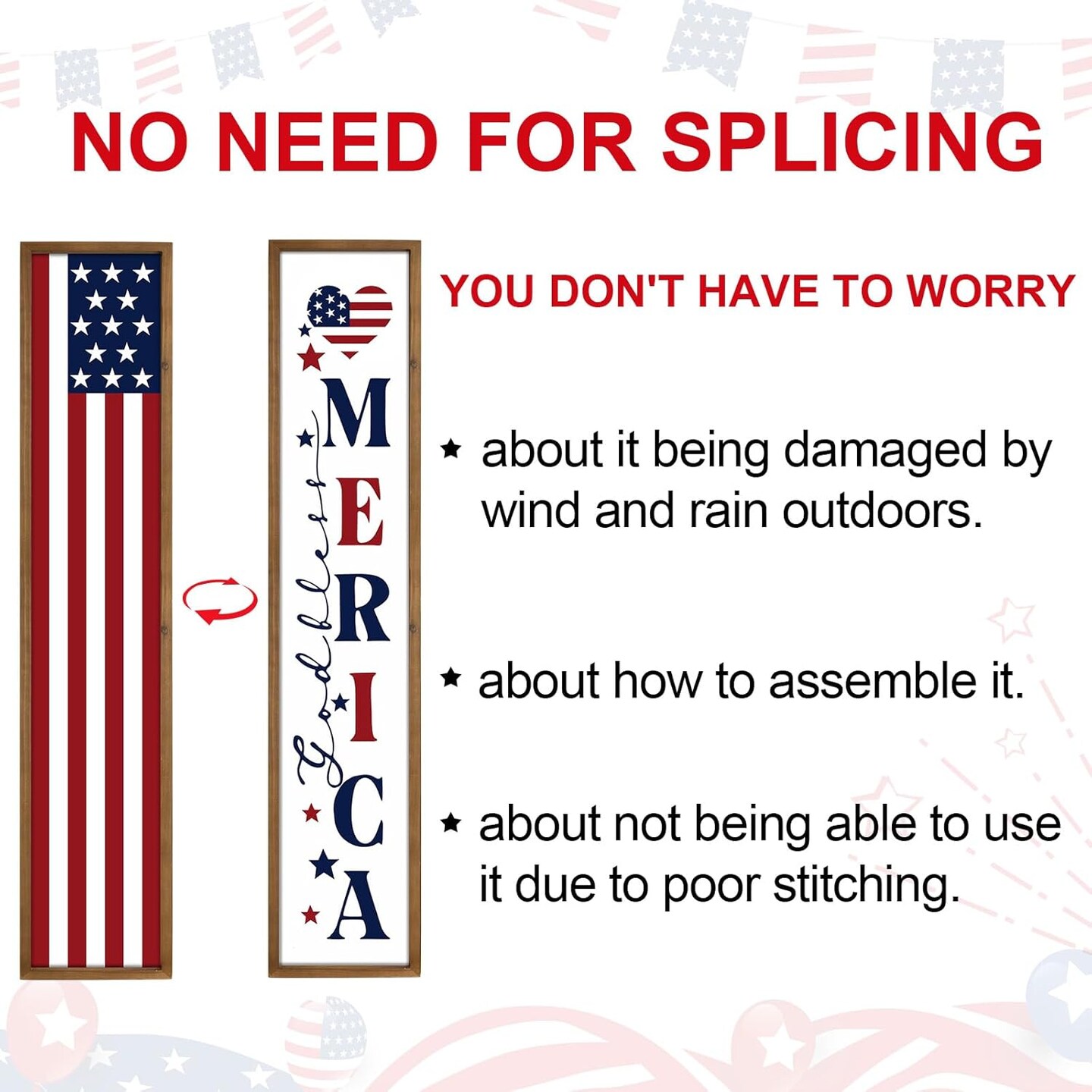 47.2 Inch Two Sided 4th of July Porch Sign, Wooden Patriotic Independence Day Welcome Front Door Decor, Americana Tall Large Vertical Standing Board Red White Blue Outdoor Home Decorations