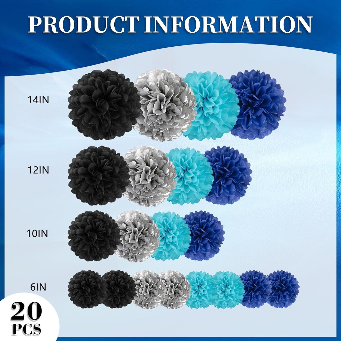 20 PCS Tissue Paper Pom Poms, Tissue Pom Poms Flowers, Sizes of 6&#x22;, 10&#x22;, 12&#x22;, 14&#x22; Hanging Paper Flower Ball for Wedding, Birthday, Graduation, Baby Shower Party Decor (Black Silver Blue)