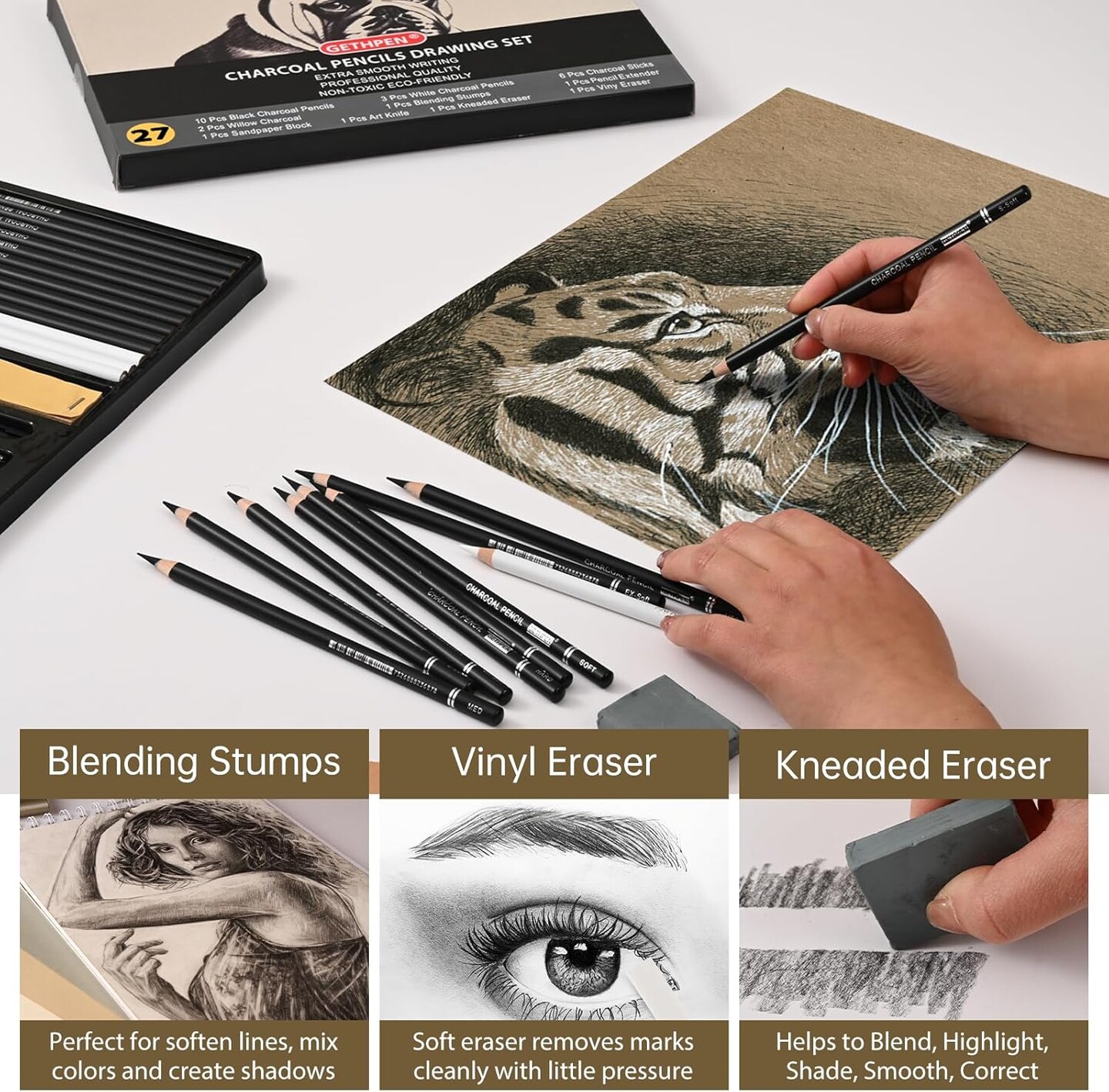 27-Piece Charcoal Drawing Set – Black & White Pencils with Graphite Sticks for Sketching & Shading