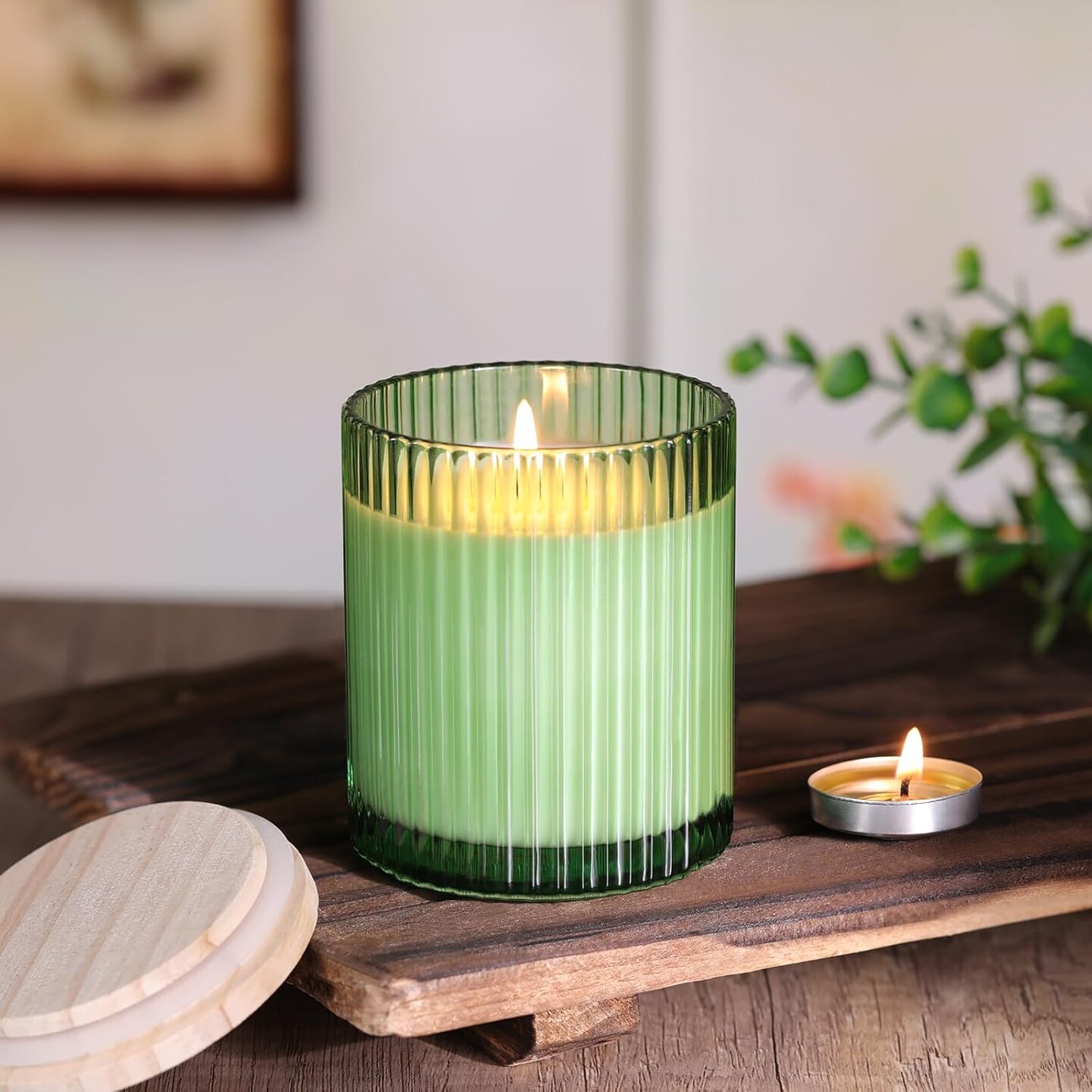 10 OZ Green Candle Jars for Making Candles Set of 8, Ribbed Glass Candle Jars with Wood Lids and Labels, Candle Containers for DIY, Gifts, Home Decoration