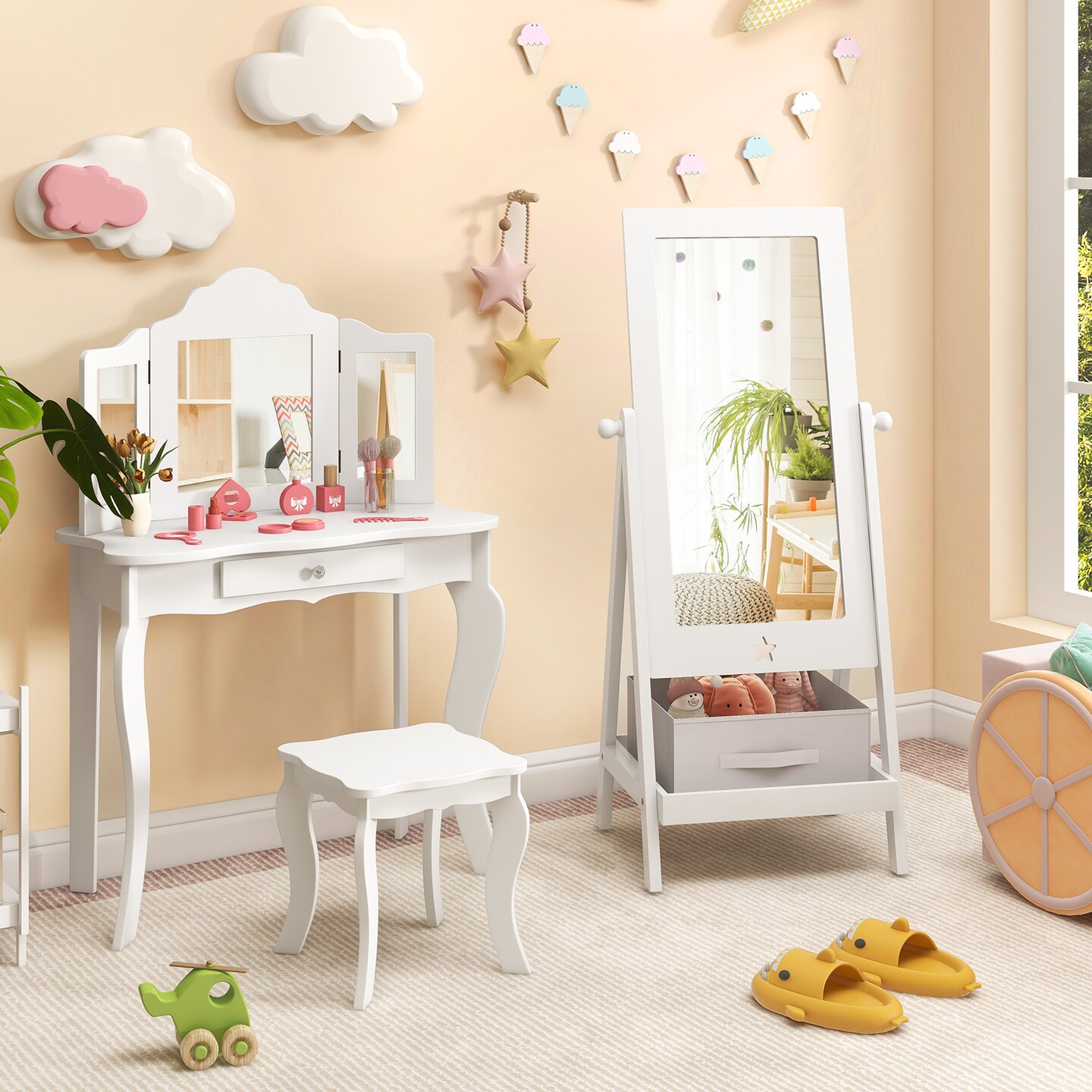 MDF Kids Full-Length Mirror with Storage Shelf, Rotating Acrylic Glass and Star Design
