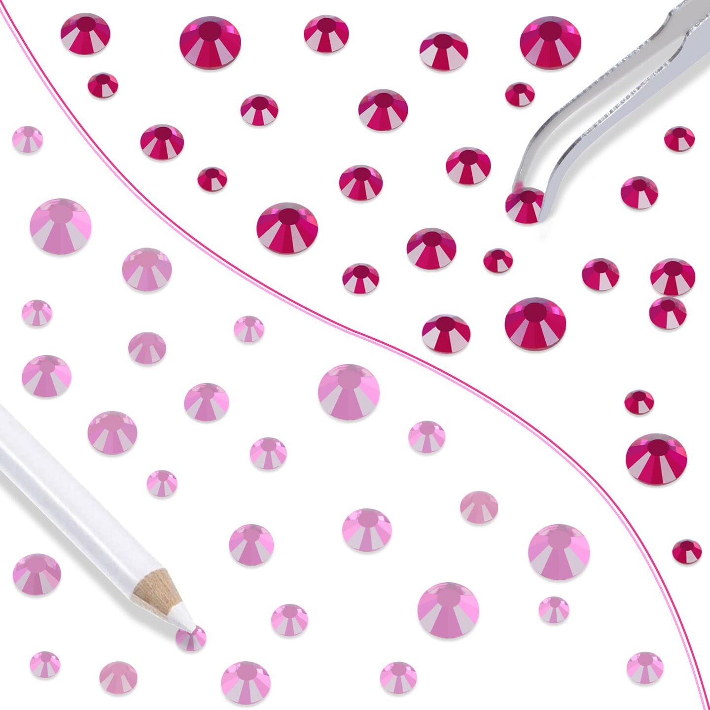 6400pcs Pink & Fuchsia Hotfix Flatback Rhinestones 5 Mixed Sizes with Tweezers & Pen