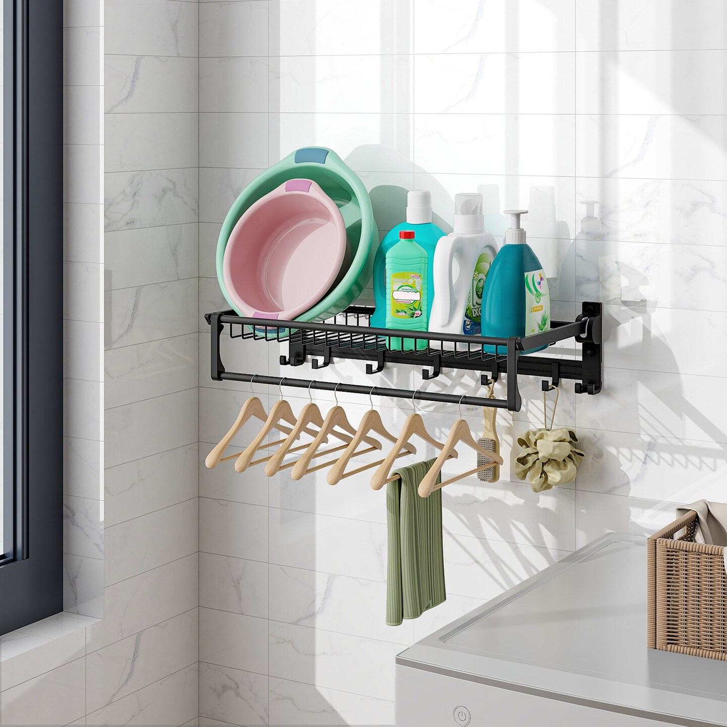 Foldable Space Aluminum Wall Towel Rack with Hooks &#x26; Shelf &#x2013; Black