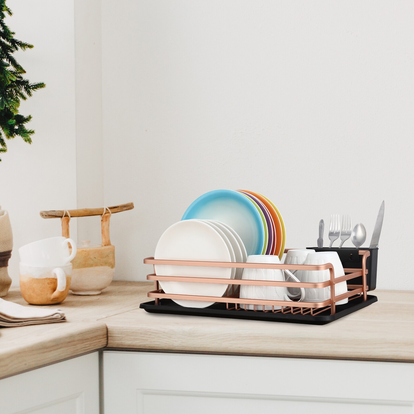 Smart Space-Saving Steel Dish Drying Rack with Removable Cutlery Holder & Drainer Tray – Anti-Slip Base – Compact for Apartments (16.92”L x 12.4”W)