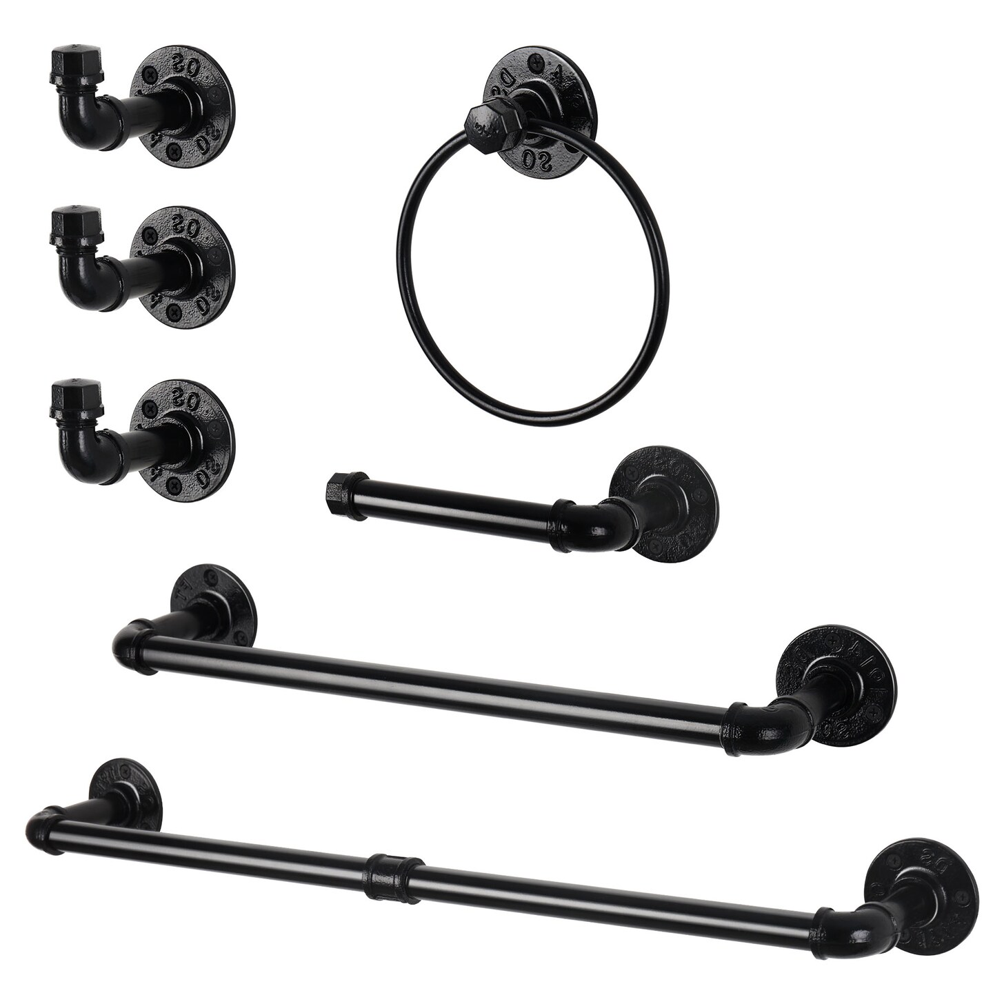 7pcs Black Metal Toilet Paper Holder & Towel Rack Set - Industrial Wall-Mounted Bathroom Hardware, Space-Saving No-Assembly Design with Chamfered Edges