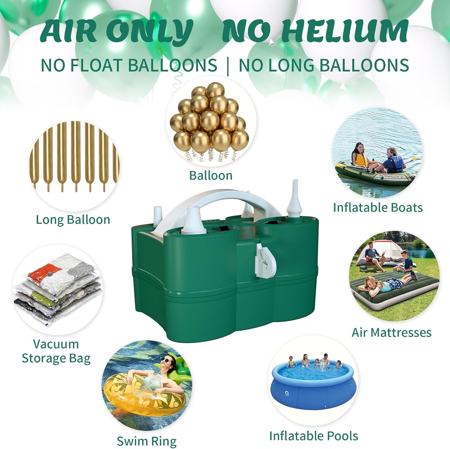 Balloon Pump Electric, 3-in-1 Balloon Pump for Inflatables and Deflator, Electric Balloon Pump for Latex 260q Foil Balloons, Quick-Fill 110V AC Inflator Deflator