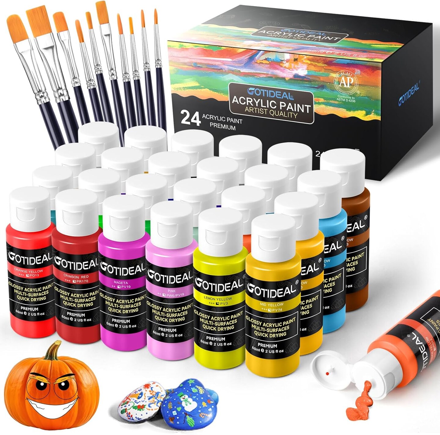 Acrylic Paint Set with Paint Brushes, 24 Colors(59ml, 2 oz) Art Craft Paint for Adults and Kids, Perfect for Artist, Beginner, Ideal for Wood, Canvas, Rocks, Outdoor Painting Supplies