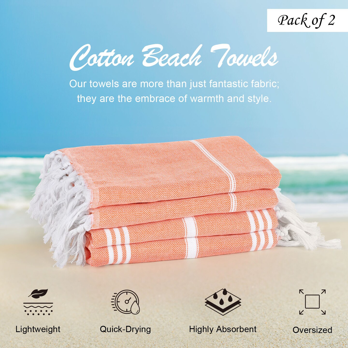2-Pack Turkish Beach Towels - 40"x70" Oversized Quick-Dry, Sand-Free & Lightweight Towels for Travel, Camping, Beach, and Pool