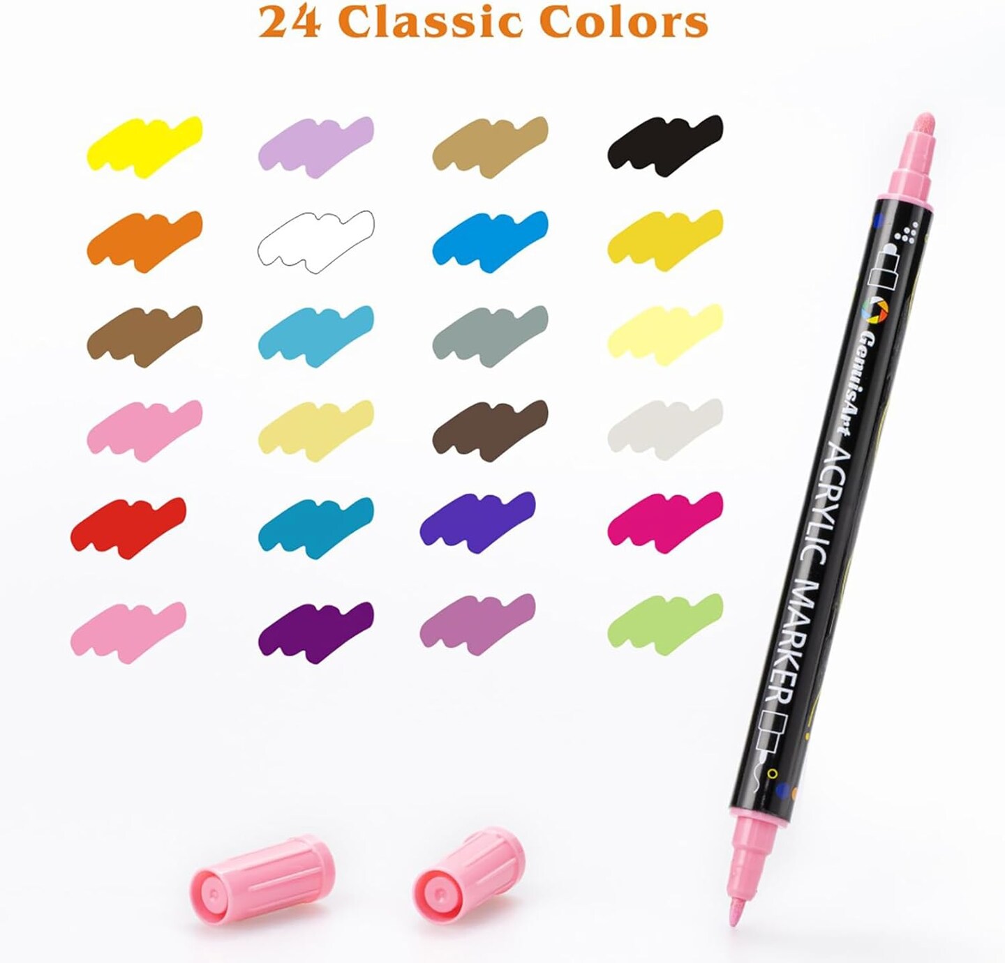 24 Colors Acrylic Paint Pens, Acrylic Paint Markers Dual Tip, with Dot Tip and Fine Tip, Acrylic Markers for Rock Painting, Wood, Canvas, Fabric, Paper, DIY Crafts Making Art Supplies
