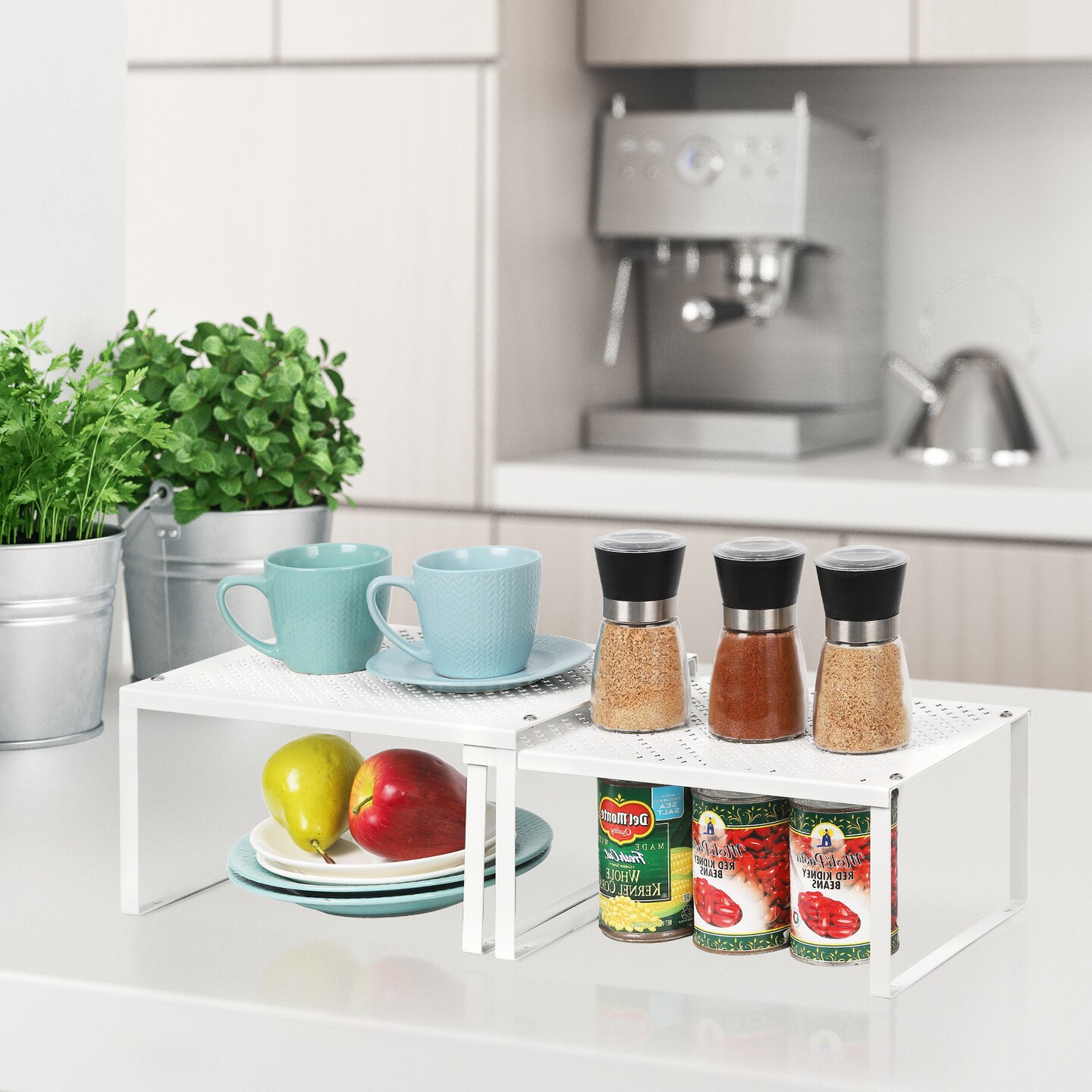 2-Pack Expandable &#x26; Stackable Kitchen Shelf Organizers &#x2013; Heavy-Duty Metal Cabinet &#x26; Countertop Storage for Plates, Cups, Cans (12.7-23.9&#x201D; Adjustable)
