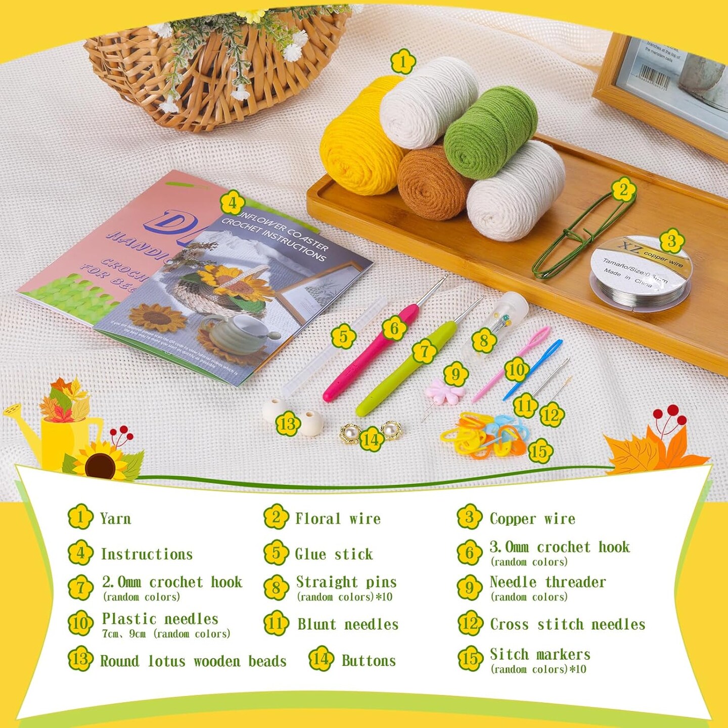 Crochet Kit for Beginners, 5 Pcs Coasters Plant Pot Crochet Start Kit for Adults, Complete Knitting Crochet Supplies with Step-by-Step Instruction, Crochet Hooks, Yarn for DIY Craft Supplies