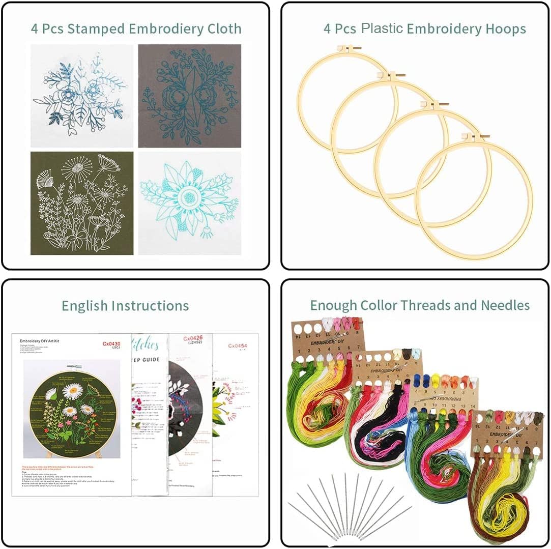 4Pack Embroidery Starters Kits with Pattern for Beginners Adults