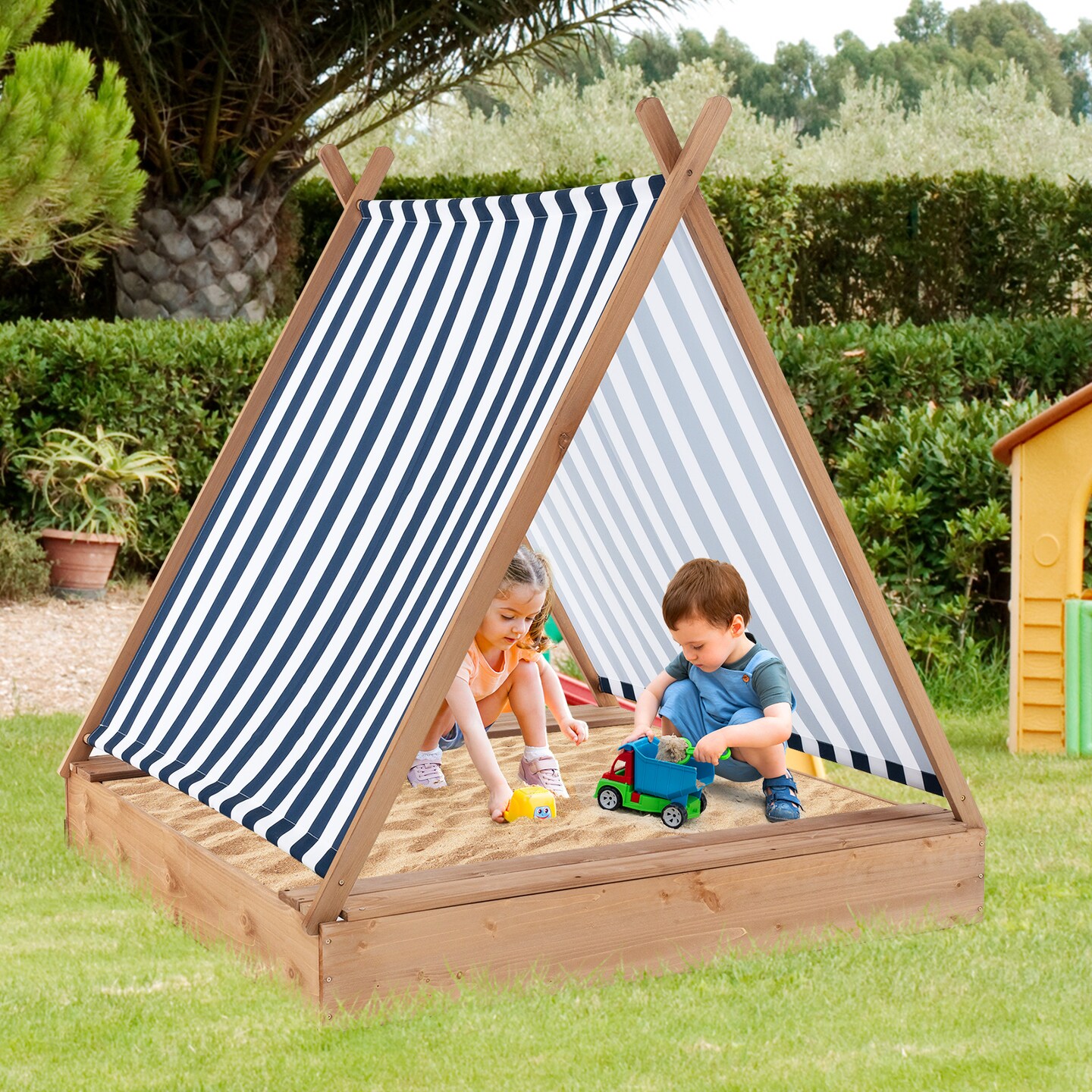 Wooden Sandbox with Canopy &#x26; Built-in Benches 49x48