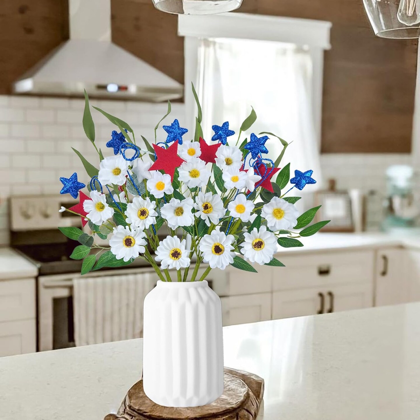 6 Pcs Artificial Flower Patriotic Memorial Bouquet White Silk Daisy Flowers Fake Wildflowers Bouquet with Blue Red Stars for 4th of July Independence Day
