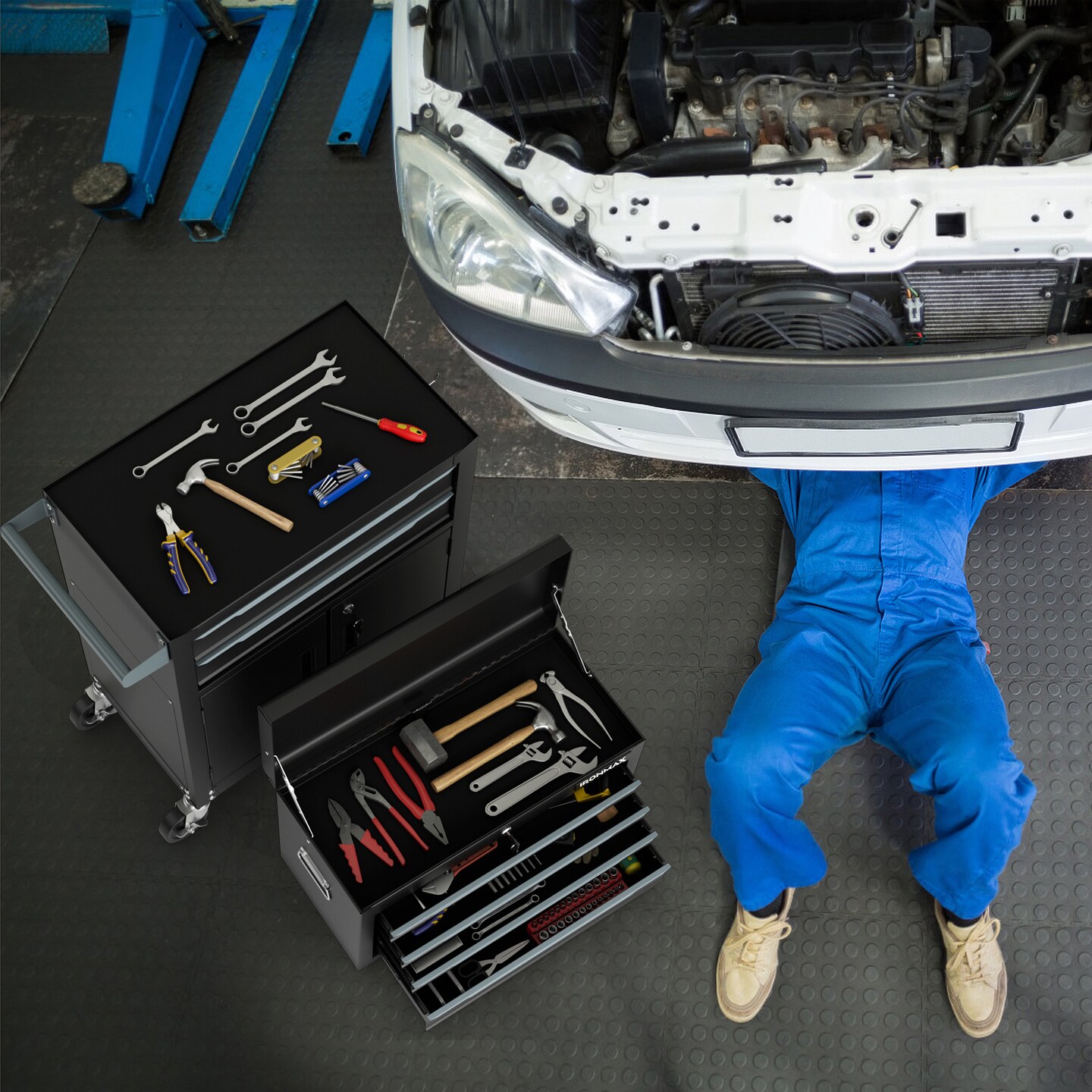 6-Drawer Rolling Tool Storage Chest with Universal Wheels and 2 Door Bottom Cabinet
