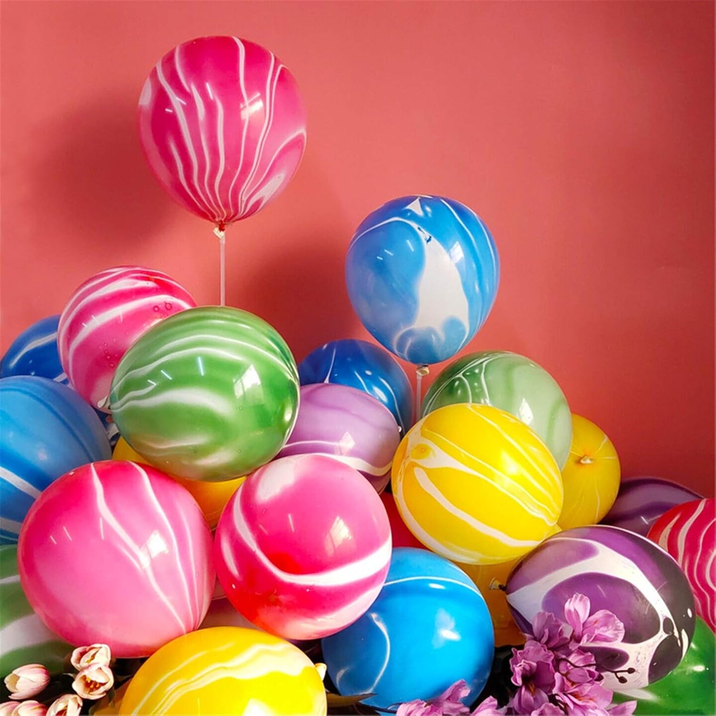 Rainbow Tie Dye Balloons 50PCS 12 Inch Agate Marble Latex Swirl Balloons For Tie Dye Birthday Party Supplies,Candyland,Bachelorette,Fun Hippie Party Decorations(Multi-Color)