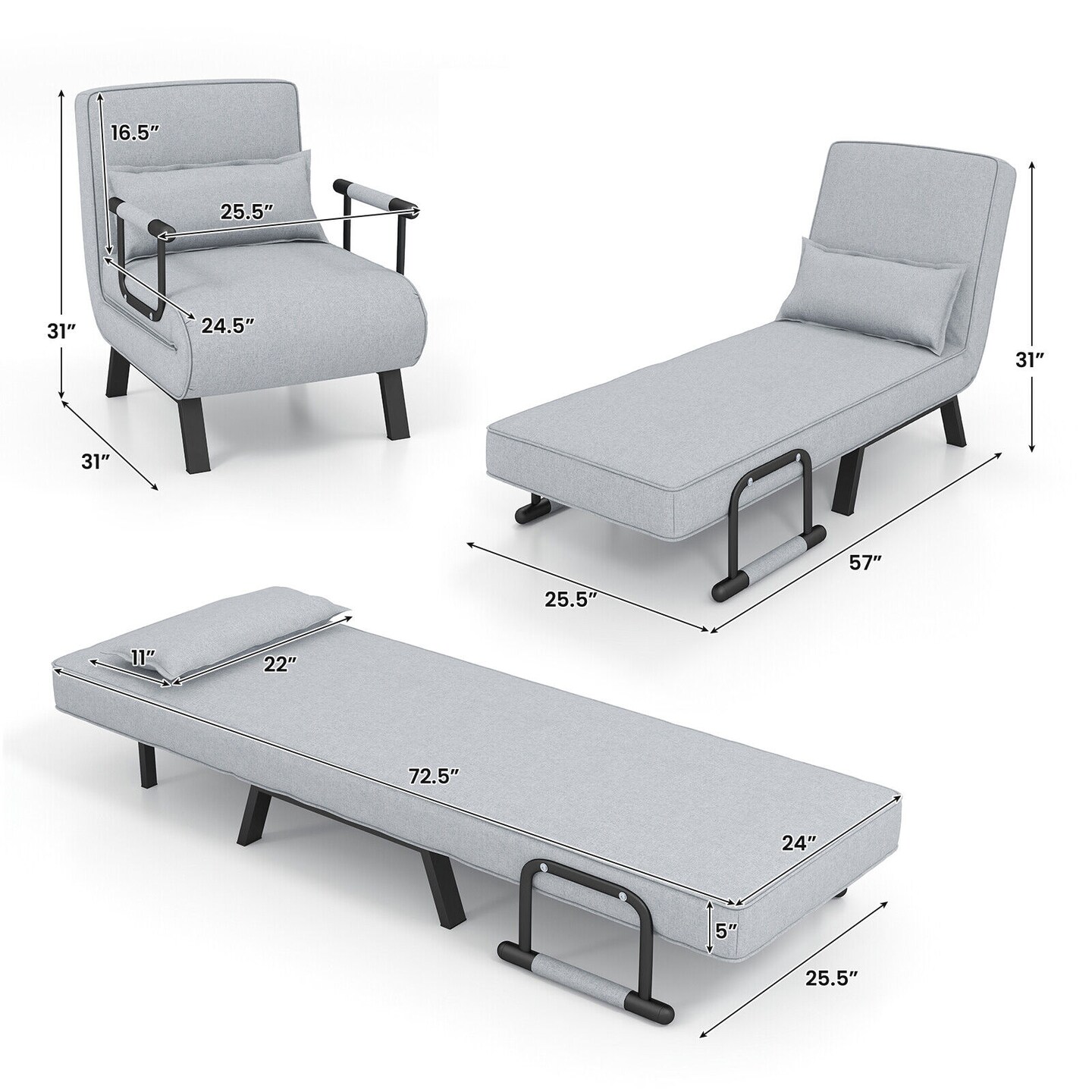 3-in-1 Versatile 6-Positon Adjustable Sleeper Bed with Padded Seat and Back