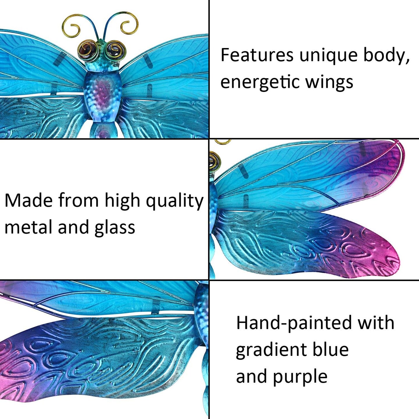 Summer Metal Dragonfly Wall Decor Bathroom Glass Art Iron Sculpture Outdoor Orange Hanging Decoration for Home Bedroom Garden Patio Porch or Fence - Blue