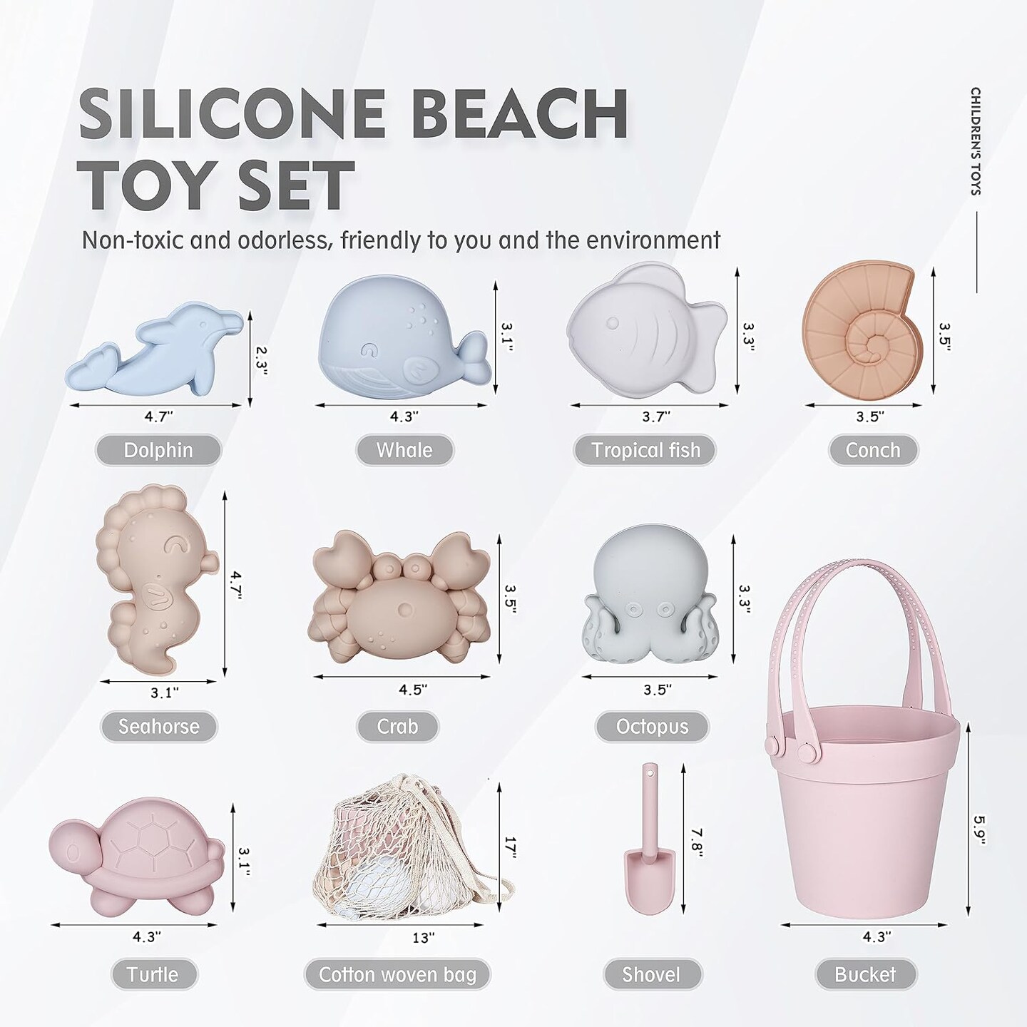11Pcs Summer Silicone Beach Toys,Modern Baby Beach Toys,Travel Friendly Beach Set,Silicone Bucket, Shovel, 8 Sand Molds, Beach Bag,Silicone Sand Toys for Toddlers, Kids (Pink)