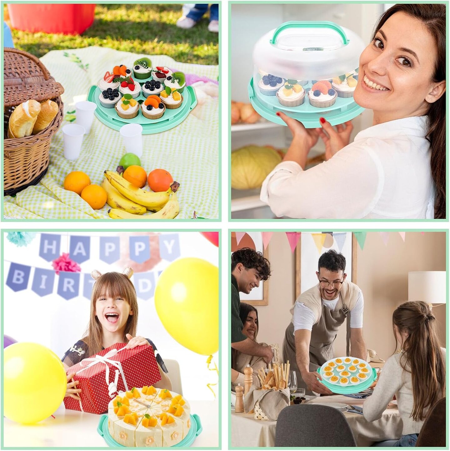 Cake Carrier with Handle, Cupcake Holder Deviled Egg Containers with Lid, 3-in-1 Multi-Purpose Food Storage for Dessert Baking Party Camping