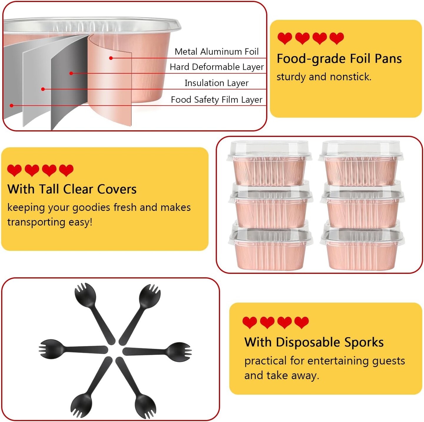 10oz Mini Cake Tins With Lids 40 Pack,LNYZQUS Aluminum Foil Small Baking Pans Disposable Large Brownie Baking Cups,4”x4” Small Bread Muffin Containers Holders For Party-Champagne