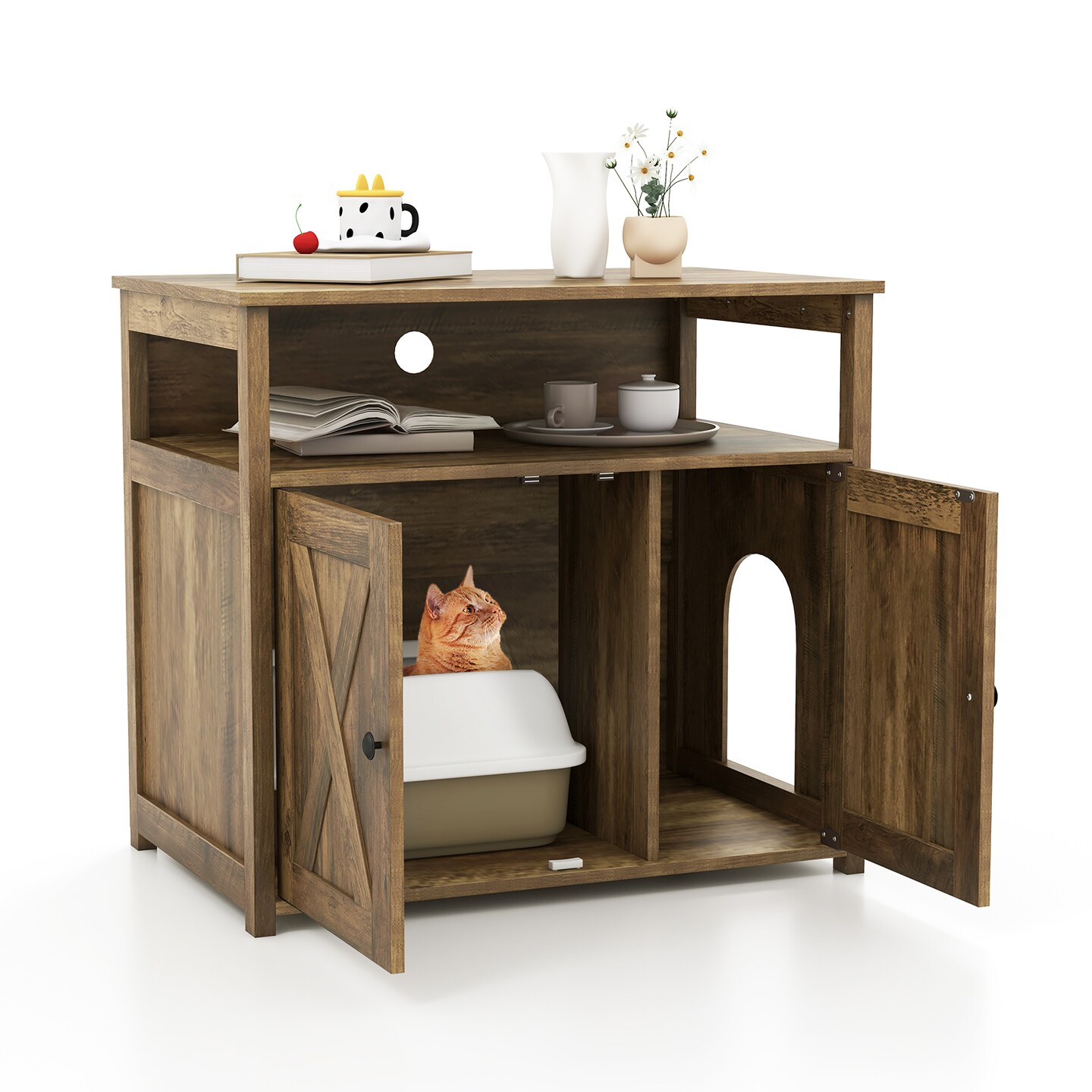 Cat Litter Box Enclosure with Double Barn Doors and Storage Shelf Ideal for Indoor Pet Use