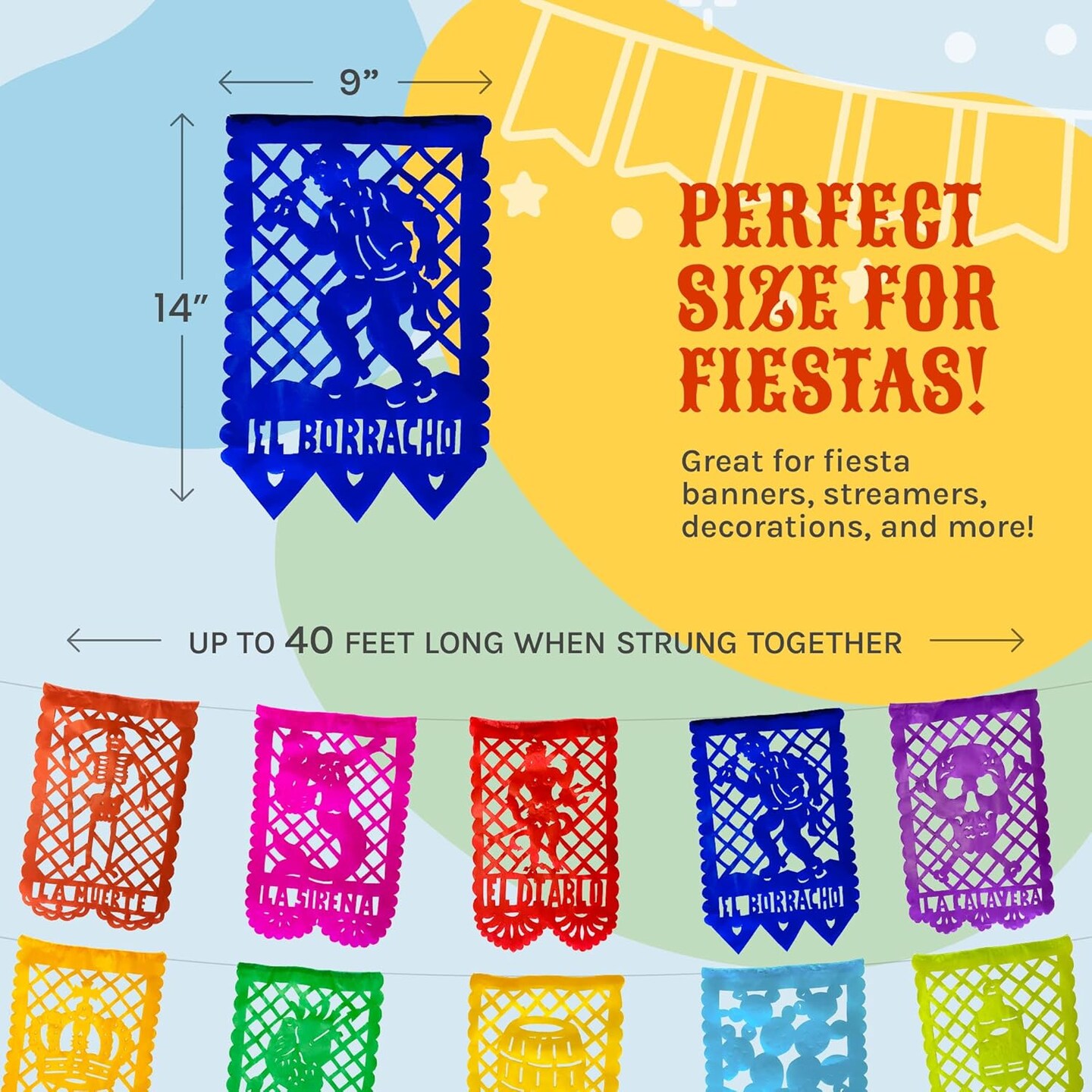 Mexican Party Banner Set (50-ft, PAPER) - Papel Picado with Mexican Bingo Card Designs - Party Decorations for Cinco de Mayo, Birthday Party Decor (4 strands x 12.5ft) - TexMex Fun Stuff