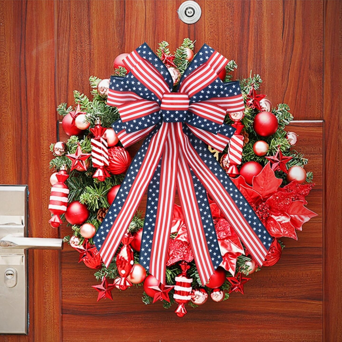 2 PCS Large Patriotic Wreath Bows, Patriotic Star and Stripe America Flag Bow for Memorial Day American Flag Wreath Bow for Front Door Indoor Outdoor Labor Day Holiday Party Home Decoration 20 * 12&#x22;