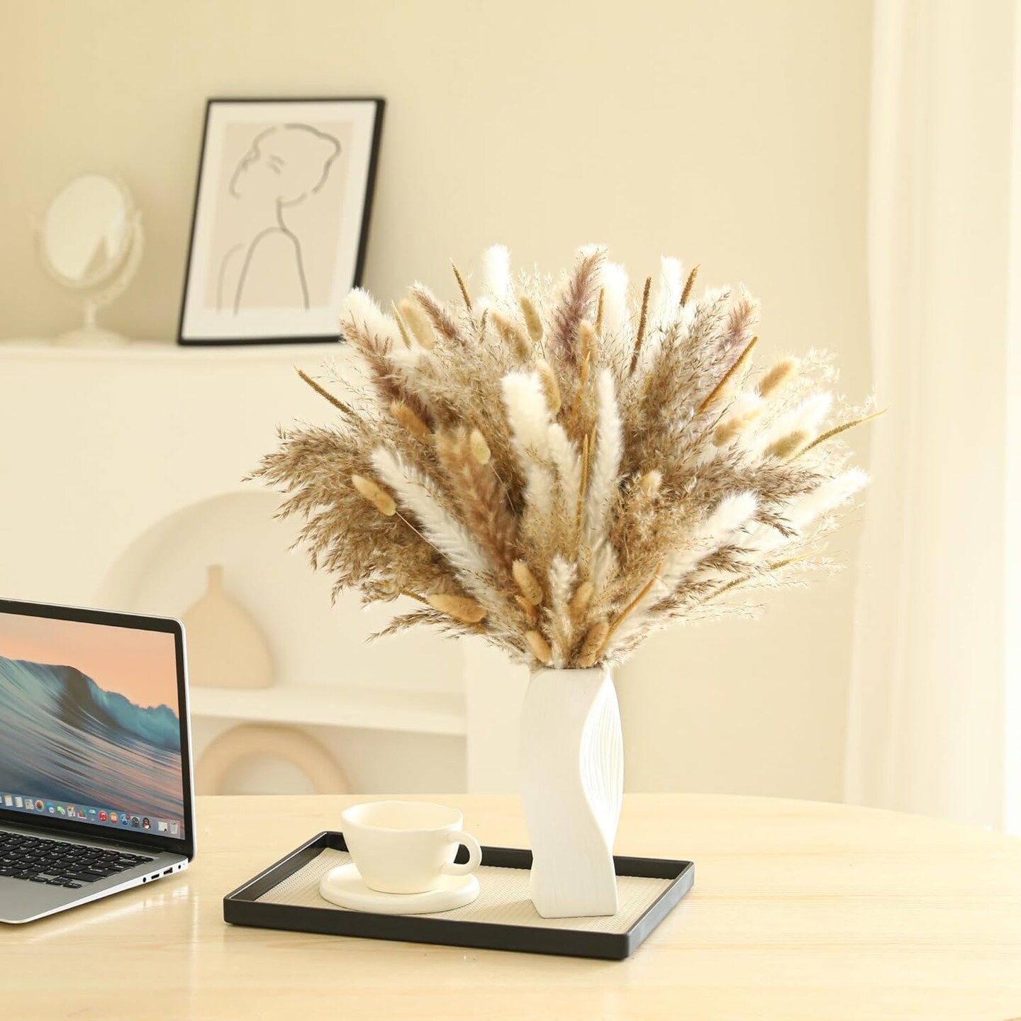 135Pcs Dried Pampas Grass Decor, Boho Home Decor, Mini Bunny Tails Dried Flowers, Fluffy Pompous Grass Bouquet