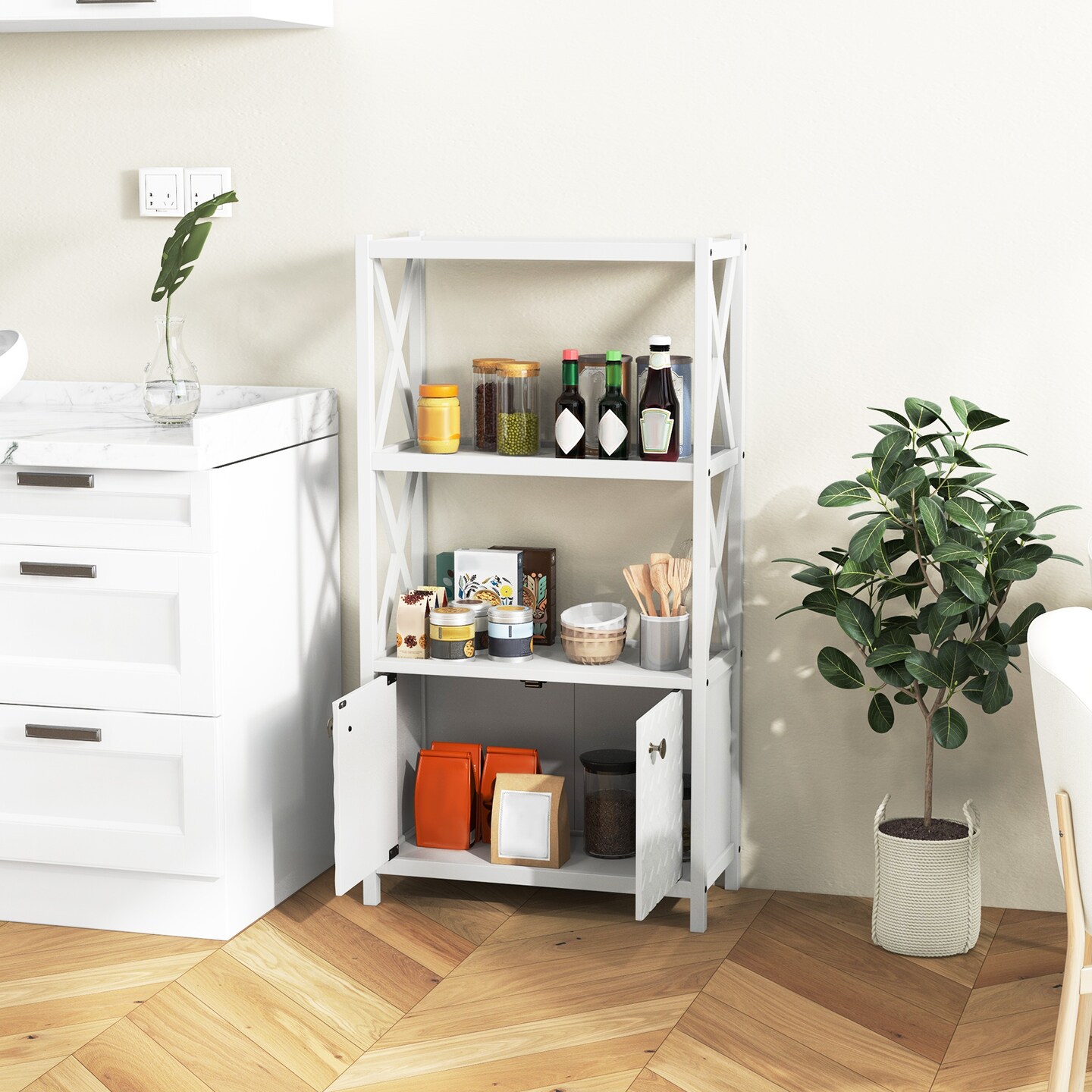 Tall Freestanding Floor Bathroom Storage Cabinet with 2-Tier Open Shelves and Magnetic Doors