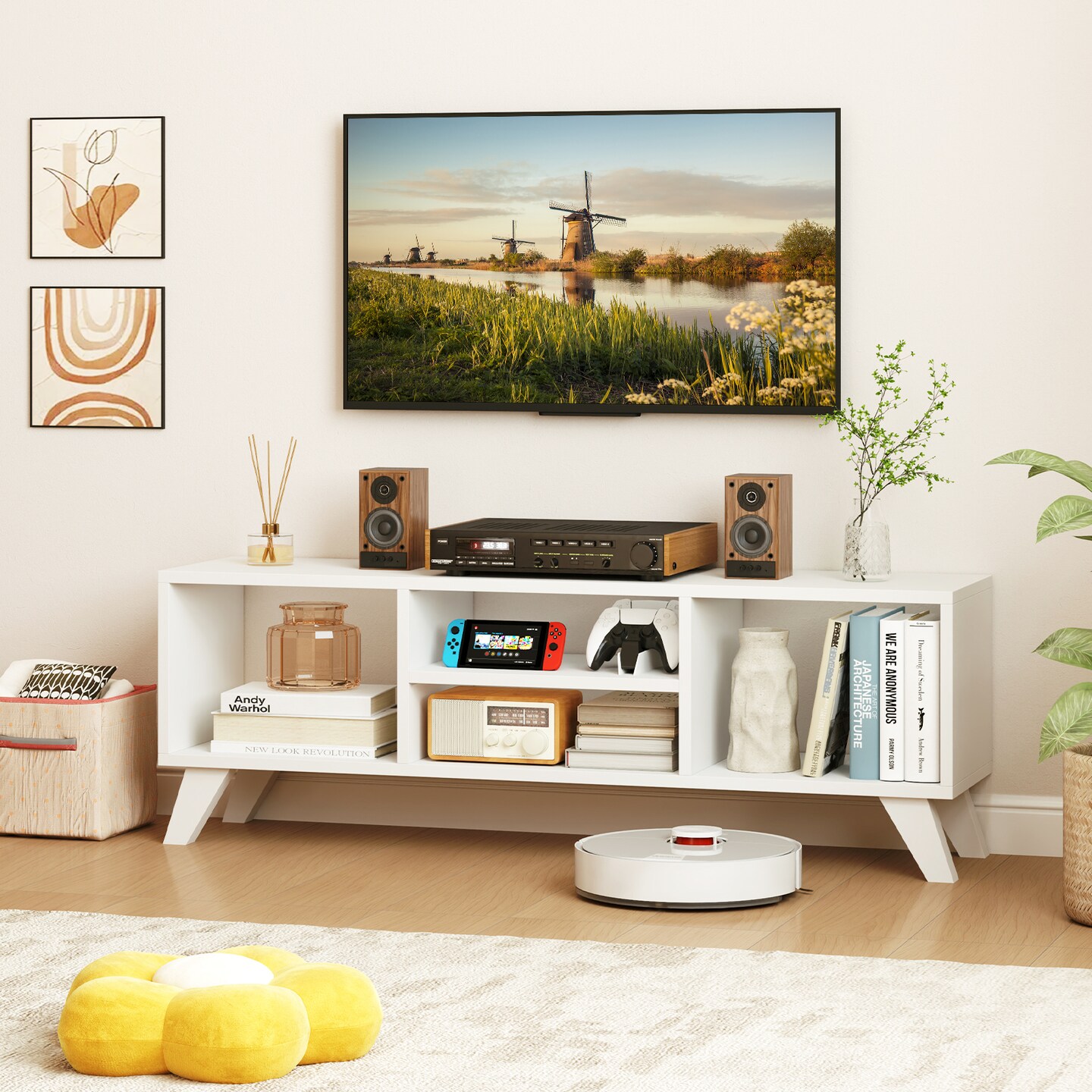 Engineered Wood TV Stand with Storage, Raised Legs, and Media Console