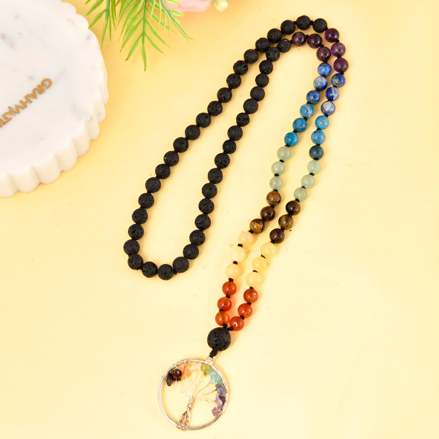 108 Mala Beads Necklace 7 Chakra Tree of Life Lava Rock Stone Natural Healing Crystal Gemstones Yoga Meditation Japa Mala Beaded Life Tree Pendant Hand Knotted Prayer Beads Rosary Jewelry