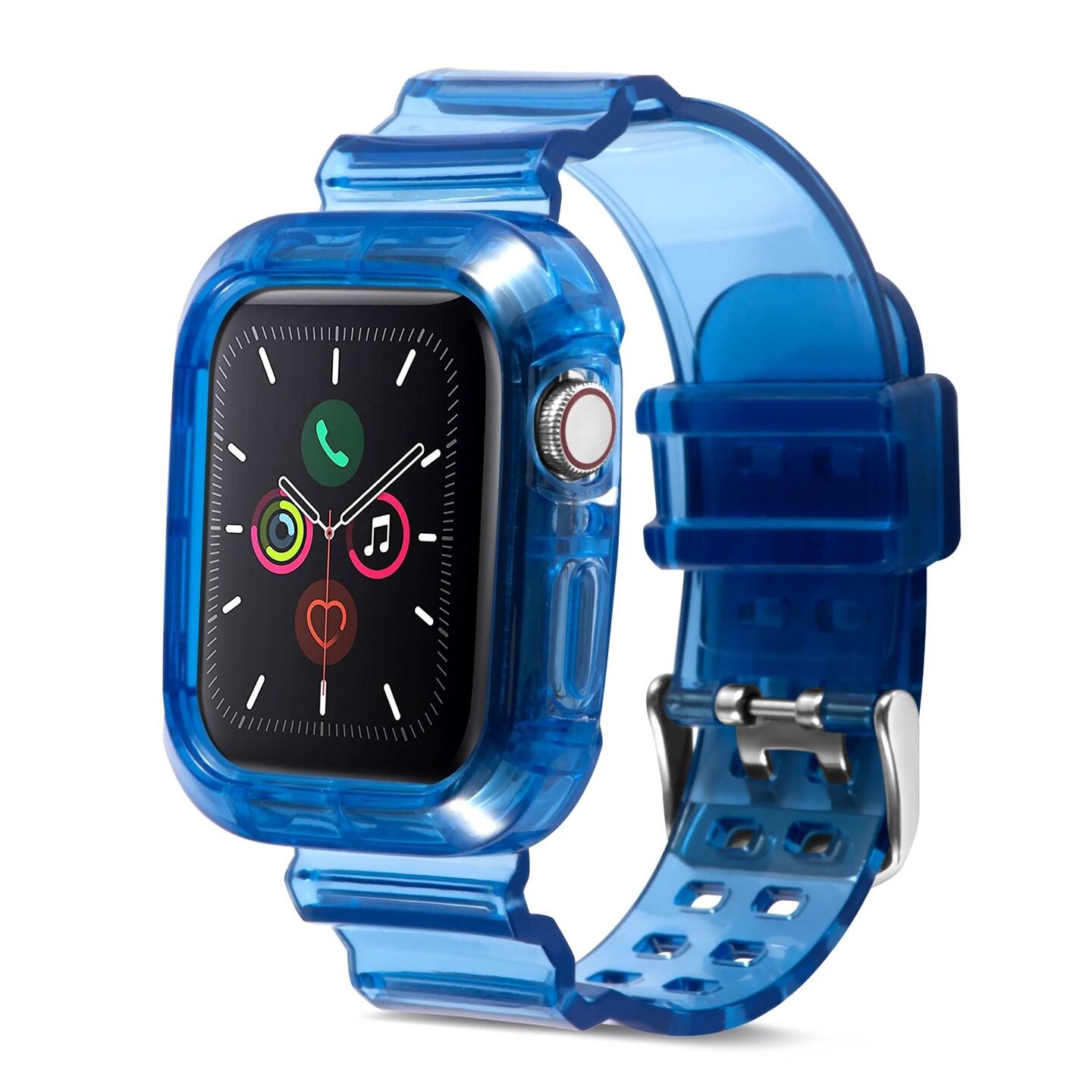 Insten Crystal Clear Watch Band with Rugged Bumper Case For Apple Watch 44mm 42mm Series SE 6 5 4 3 2 1, Replacement Soft TPU Transparent Strap, Clear Blue