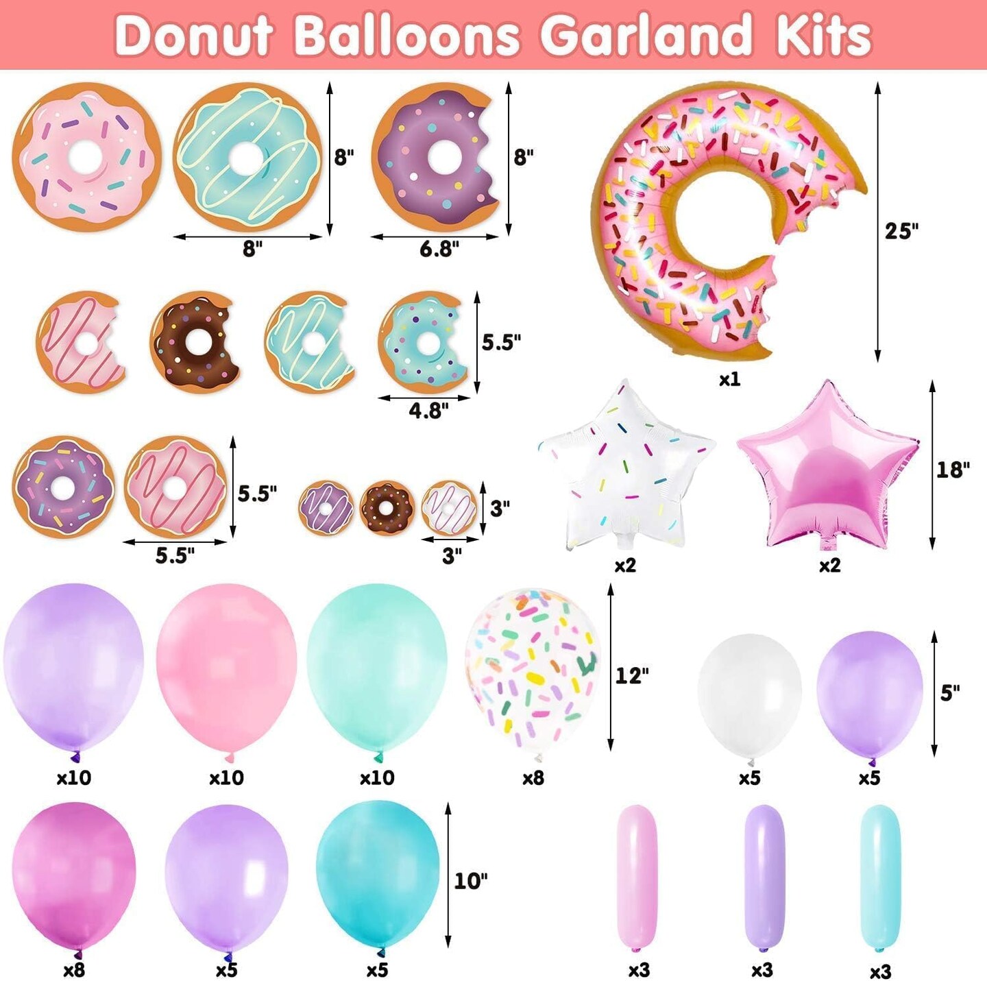 100 PCS Donut Balloons Garland Pastel Decoration Kits Sprinkles Confetti Doughnut Backdrop Cutouts Kids Birthday Party Balloons Arch Photo Props Favor Ideas Supplies