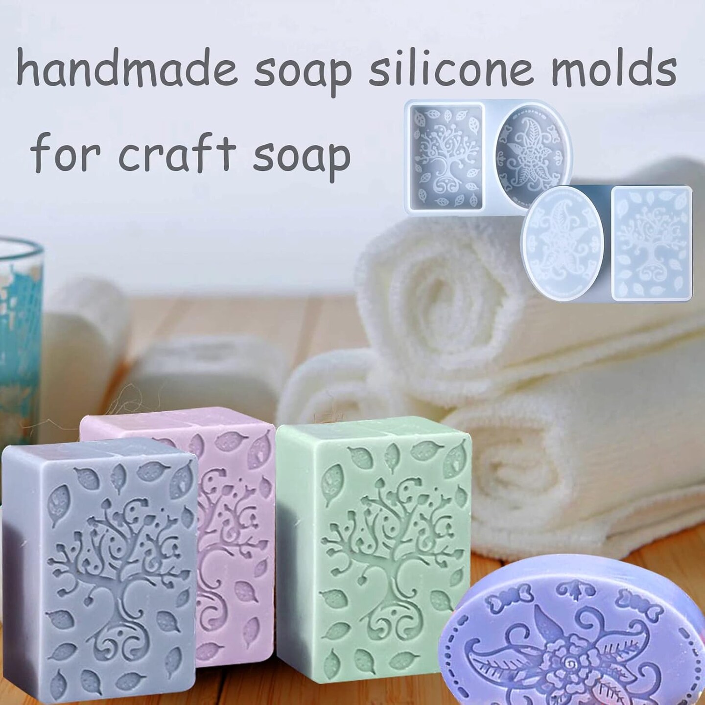 Soap Silicone Mold, 2 Pack Embossing Flower Handmade Soap Mold, Rectangle & Oval Silicone Soap Molds