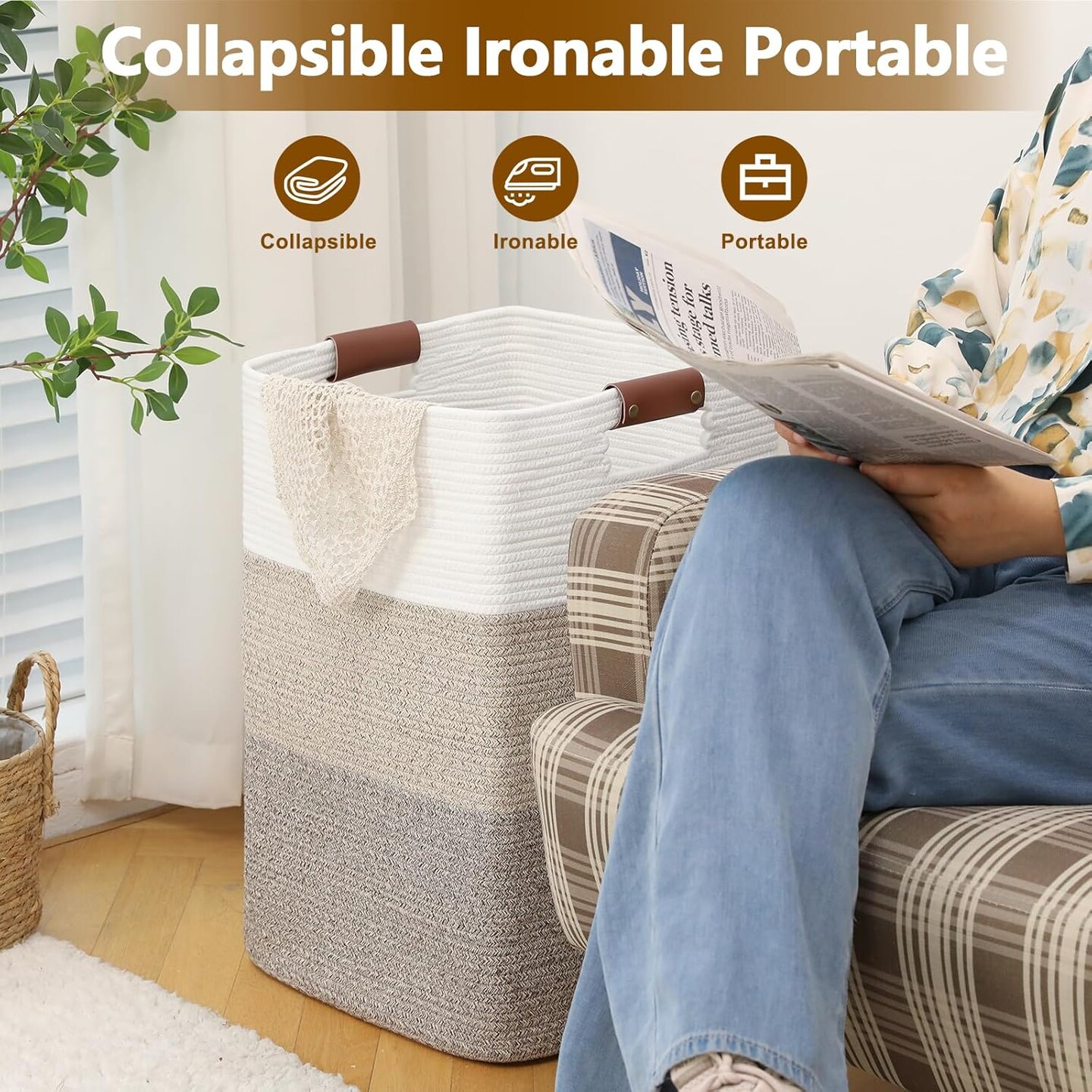 Laundry Hamper 96L Extra Large Laundry Basket, Woven Blanket Basket, Cotton Woven Storage Hamper with Handles for Living Room, Large Baskets for Pillows, Blankets, Clothes-Gradient Yellow