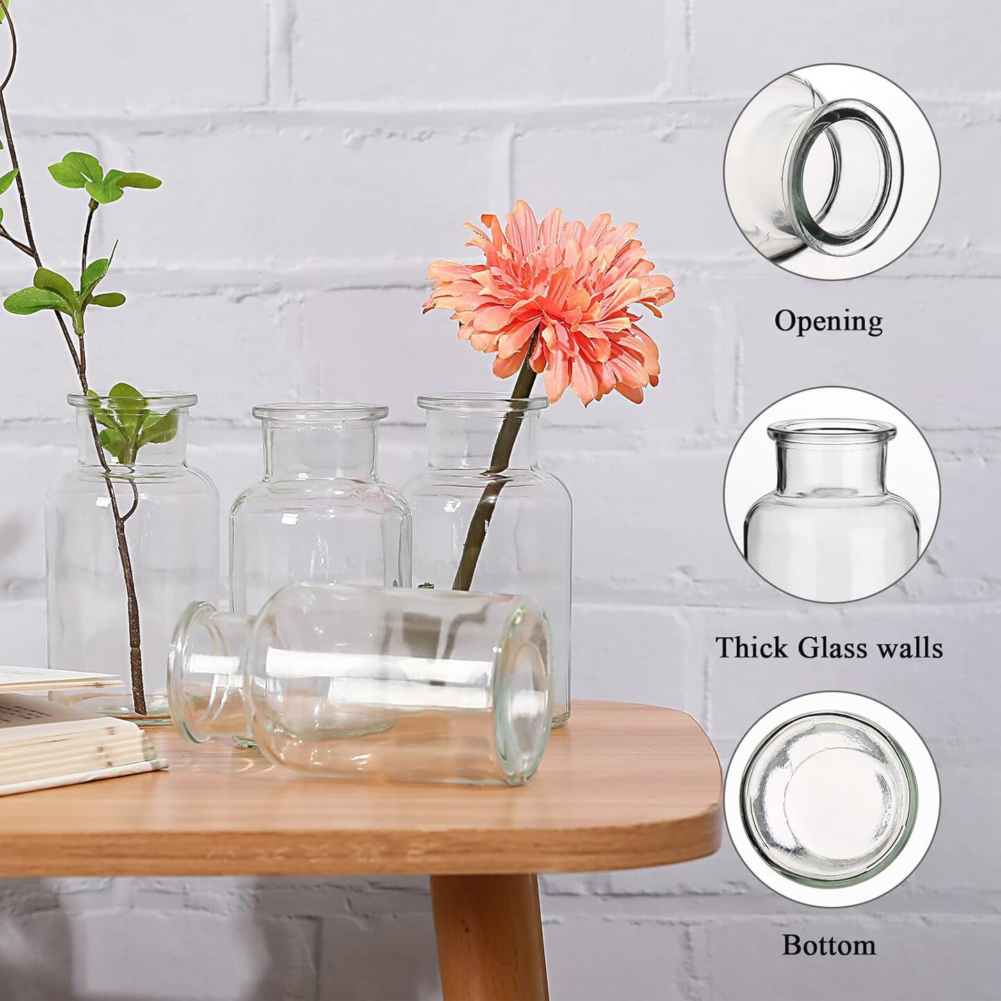 Set of 6 Glass Vases, Clear Glass Bud Vases, Small Flower Vases, Decorative Glass Bottles, Vintage Look Apothecary Jars for Wedding Dining Table Home Decor (Wide Clear)