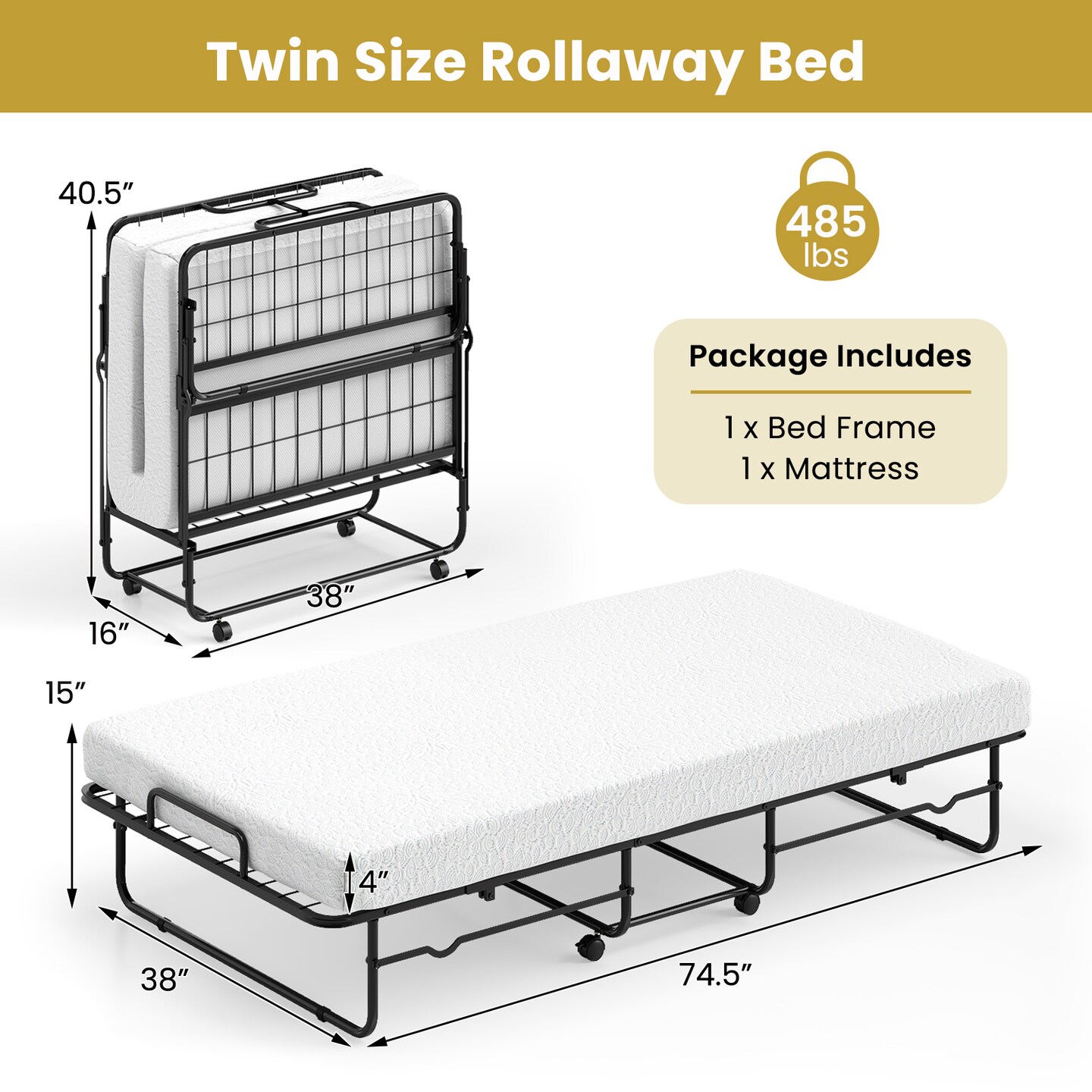 White Memory Foam Mattress Folding Bed with Black Metal Frame and Casters