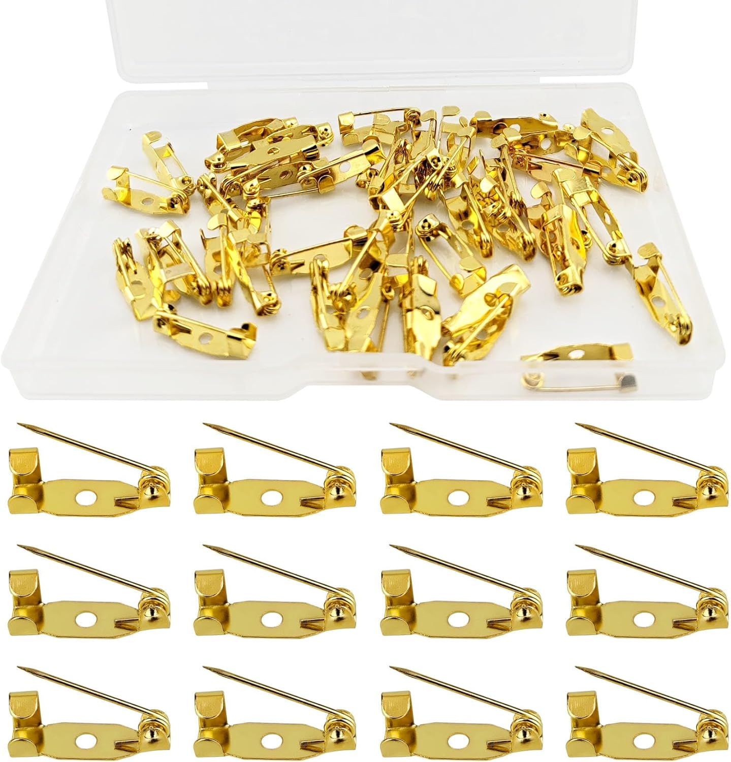 50 Pcs Brooch Pins, Safety Pins, Pin Badge Backs with Holes for Jewelry Crafting, Sewing Fabric (15MM, Gold)