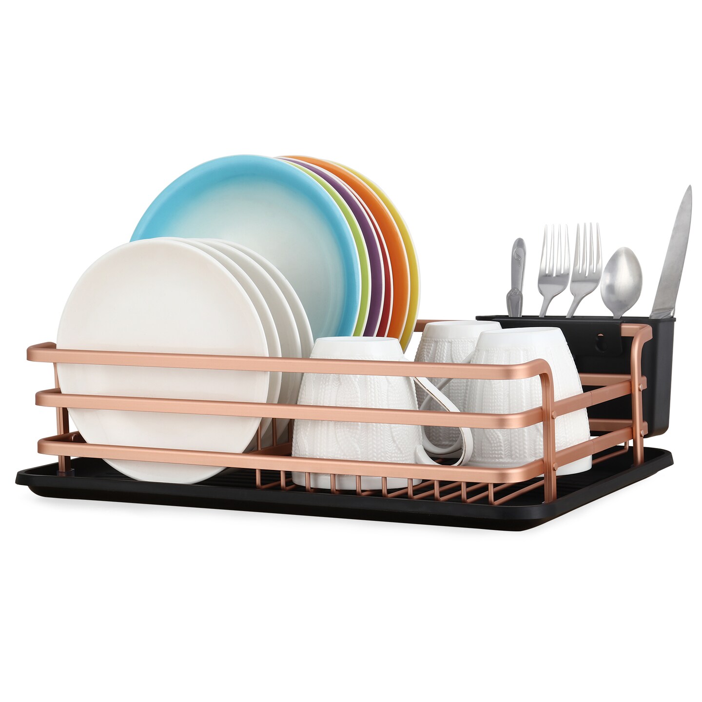 Smart Space-Saving Steel Dish Drying Rack with Removable Cutlery Holder & Drainer Tray – Anti-Slip Base – Compact for Apartments (16.92”L x 12.4”W)
