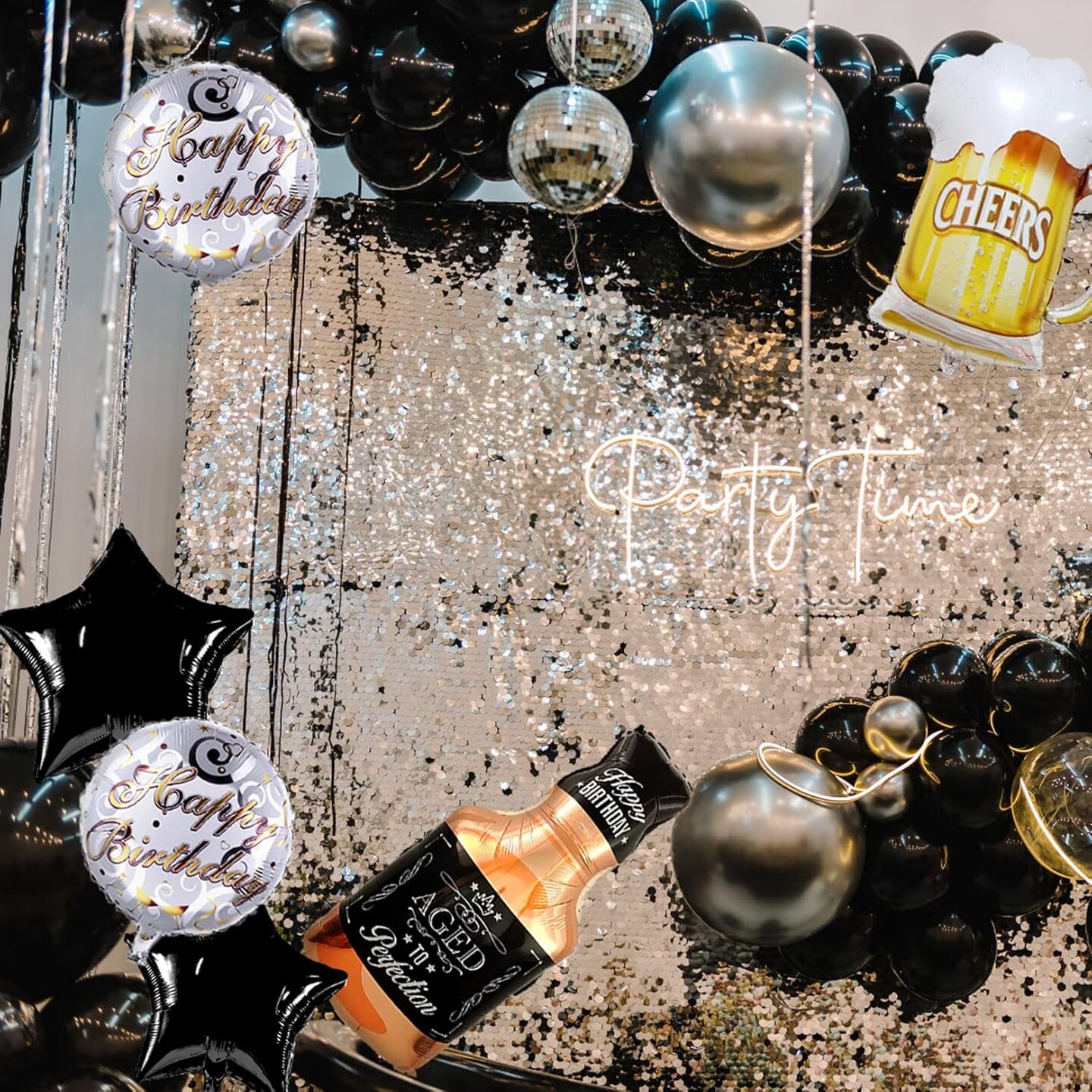 Beer Cup Balloons Set of 6 - Whiskey Bottle & Beer Mug Shaped Mylar Foil & Latex Black Golden Pentagram Balloons - Summer Party, Festival, Birthday & More