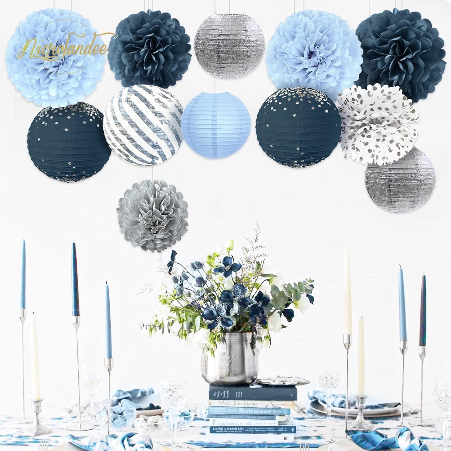 Dusty Blue Wedding Decorations, 12 PCS Blue Grey Tissue Pom Poms Paper Lanterns Decor for Birthday, Bridal Shower, Baby Shower, Bachelorette Party Hanging Decoration Supplies