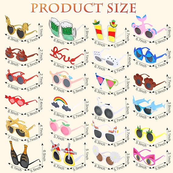 24PCS Bluk Funny Party Glasses, Novelty Cool Shpaed Party Sunglasses, Cute Eyewear, Sunglasses Masks for Adults, Teens, Funny Photo Booth Props for Luau, Pool, Summer, Hawaiian, Graduation, Wedding
