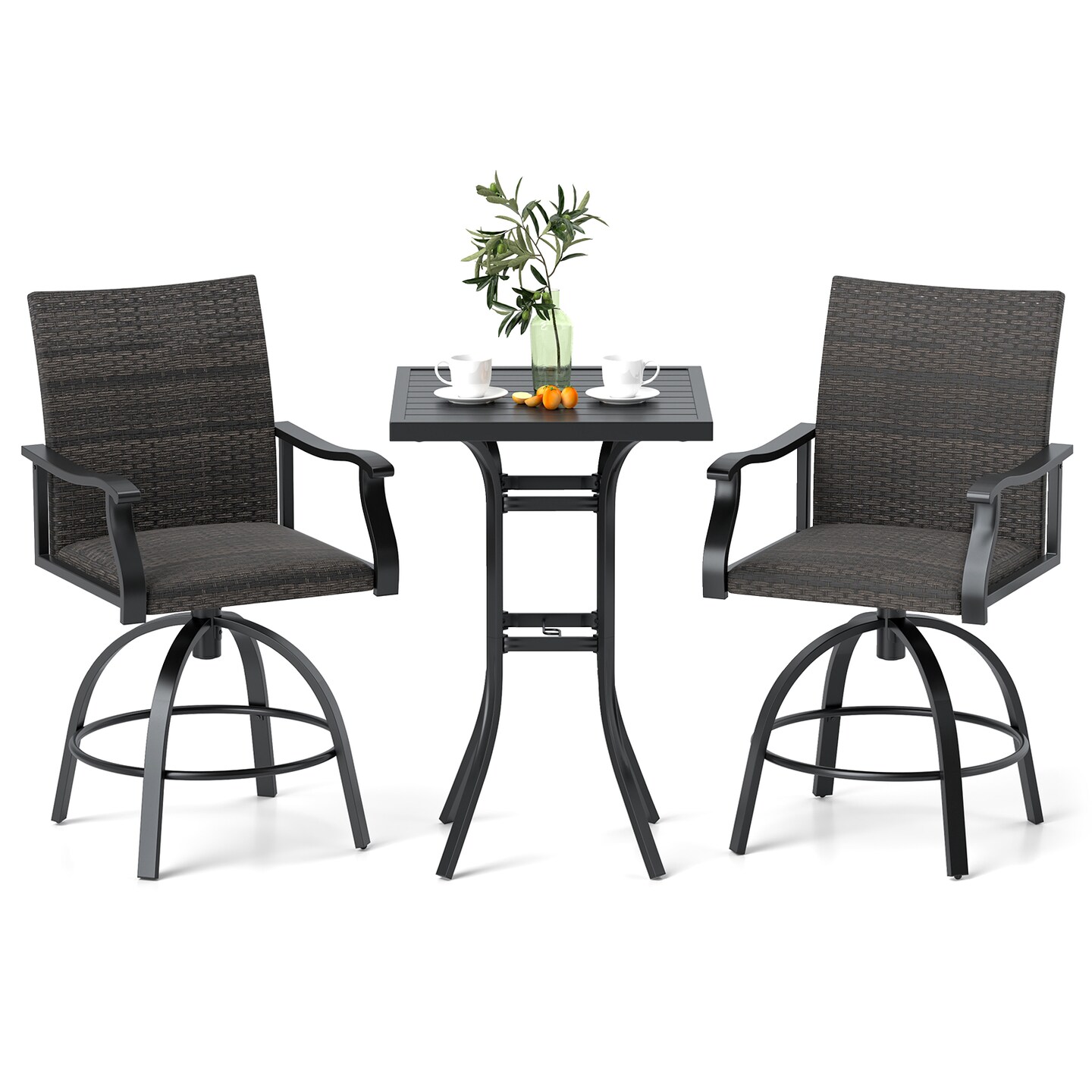 3 Pieces Patio Swivel Bar Set including 2 Swivel Chairs and 1 Bar Table with Aluminum Frame