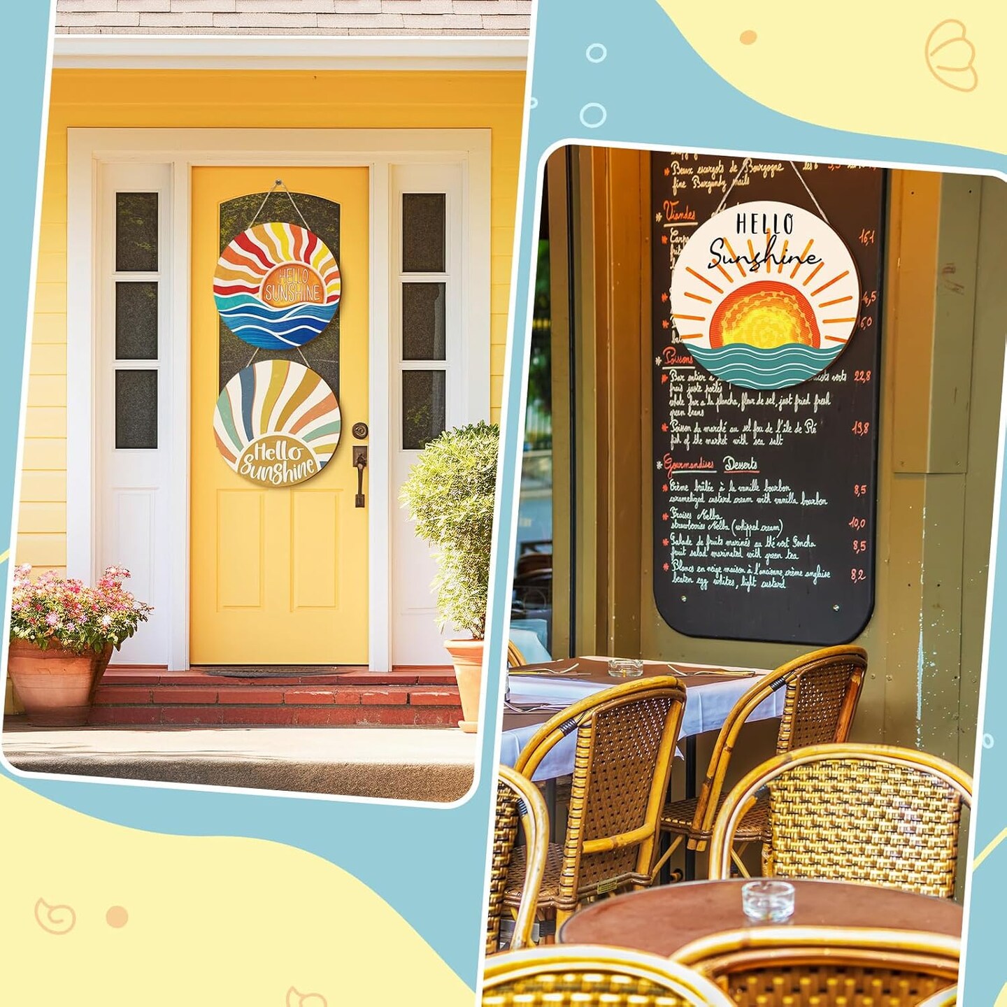 3 Pcs 12 Inch Summer Decor Hello Sunshine Front Door Decor Hello Sunshine Wreath Rustic Wooden Sign Hanger for Outdoor Outside Porch Round Hanging Sign for Summer