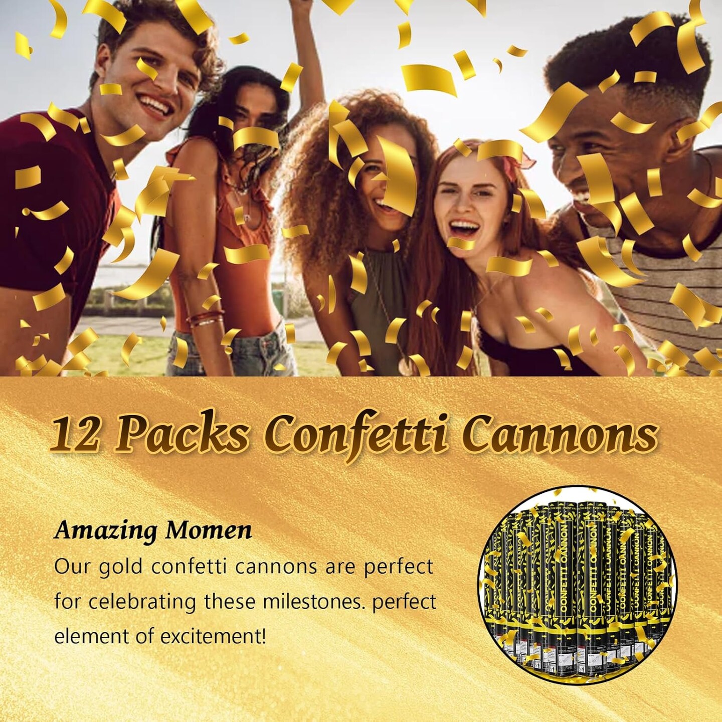 Confetti Cannon Gold Party Poppers 12 Pack Confetti Party Cannon Shooters for Celebrations Wedding Birthday Graduation Golden Foil 12 inch Confetti Poppers for Christmas New Year Eve Party Supply