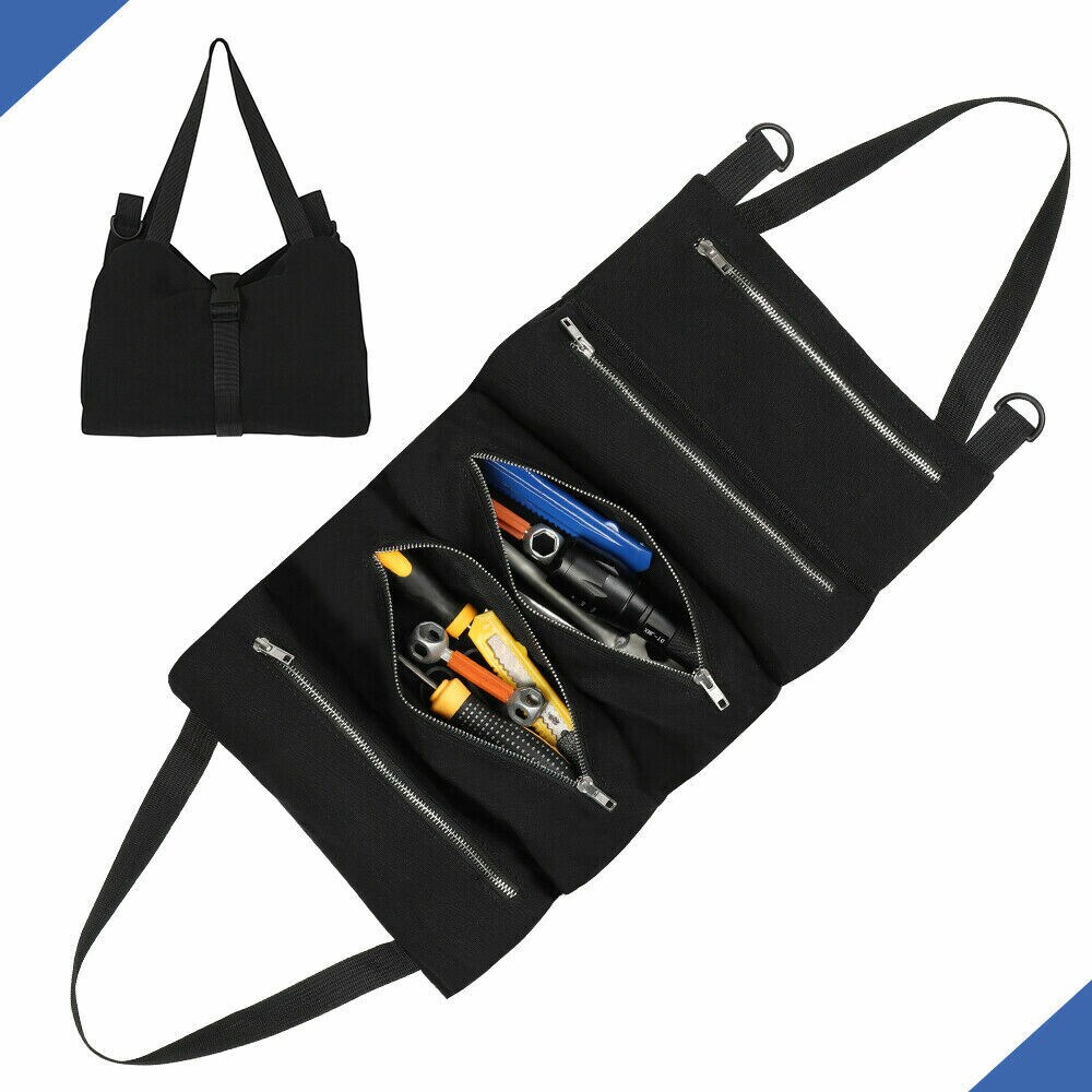 Portable Multi-Purpose Roll-Up Tool Organizer Bag - Heavy-Duty Waterproof Waxed Canvas Wrench Roll with Zippered Pockets &#x26; Buckles for Tools, Survival Kits, and DIY Supplies (Black)